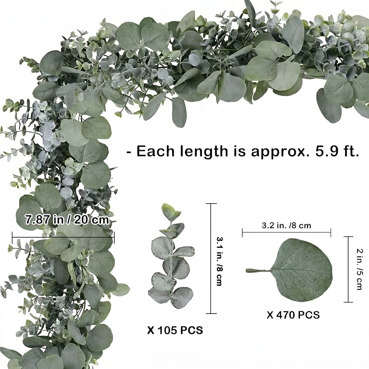 Scidweet 2Pcs Fake Greenery Eucalyptus Garlands, 6.56FT Faux Silver Dollar Leaves Boxwood with Eucalyptus Leaves Artificial Greenery Vines for Baby Shower Wedding Party Table Runner Room Home Mantle