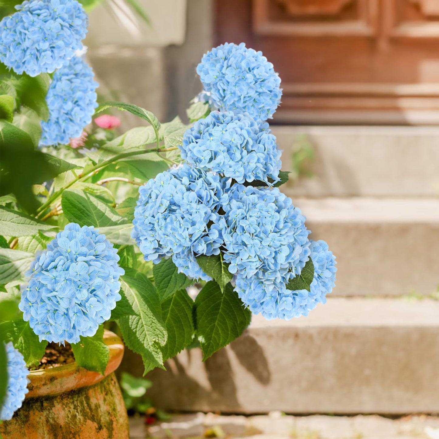 Scidweet 4 Pcs Artificial Hydrangea Fake Flowers, 19.3" Real Touch Latex Faux Plants Fake Hydrangea Flowers for Spring Summer Indoor Outdoor Home Table Wedding Decoration, Light Blue