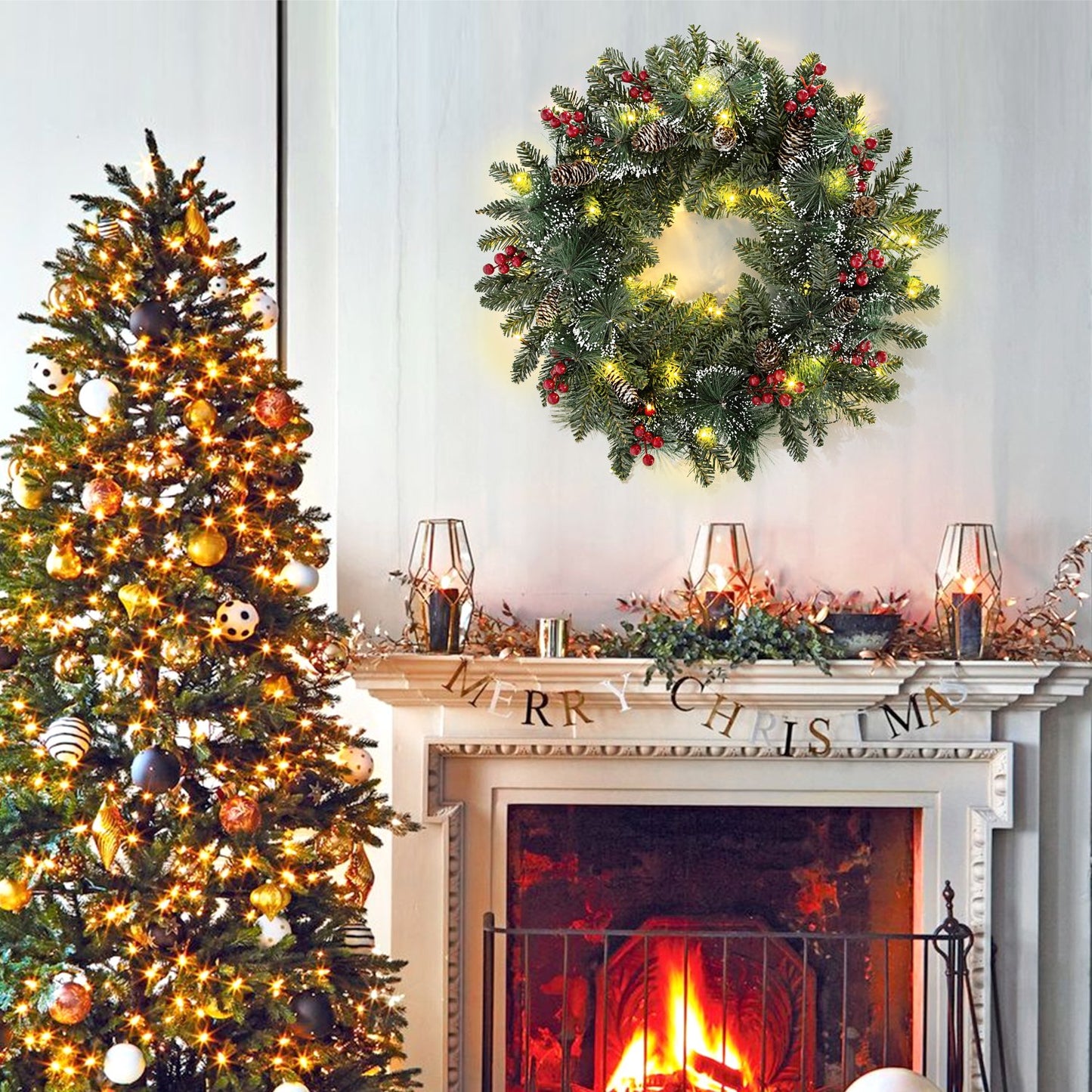 20 Inch Christmas Wreath with Pinecone Berries Christmas Decorations Front Door Wreath for Outdoor Indoor Party