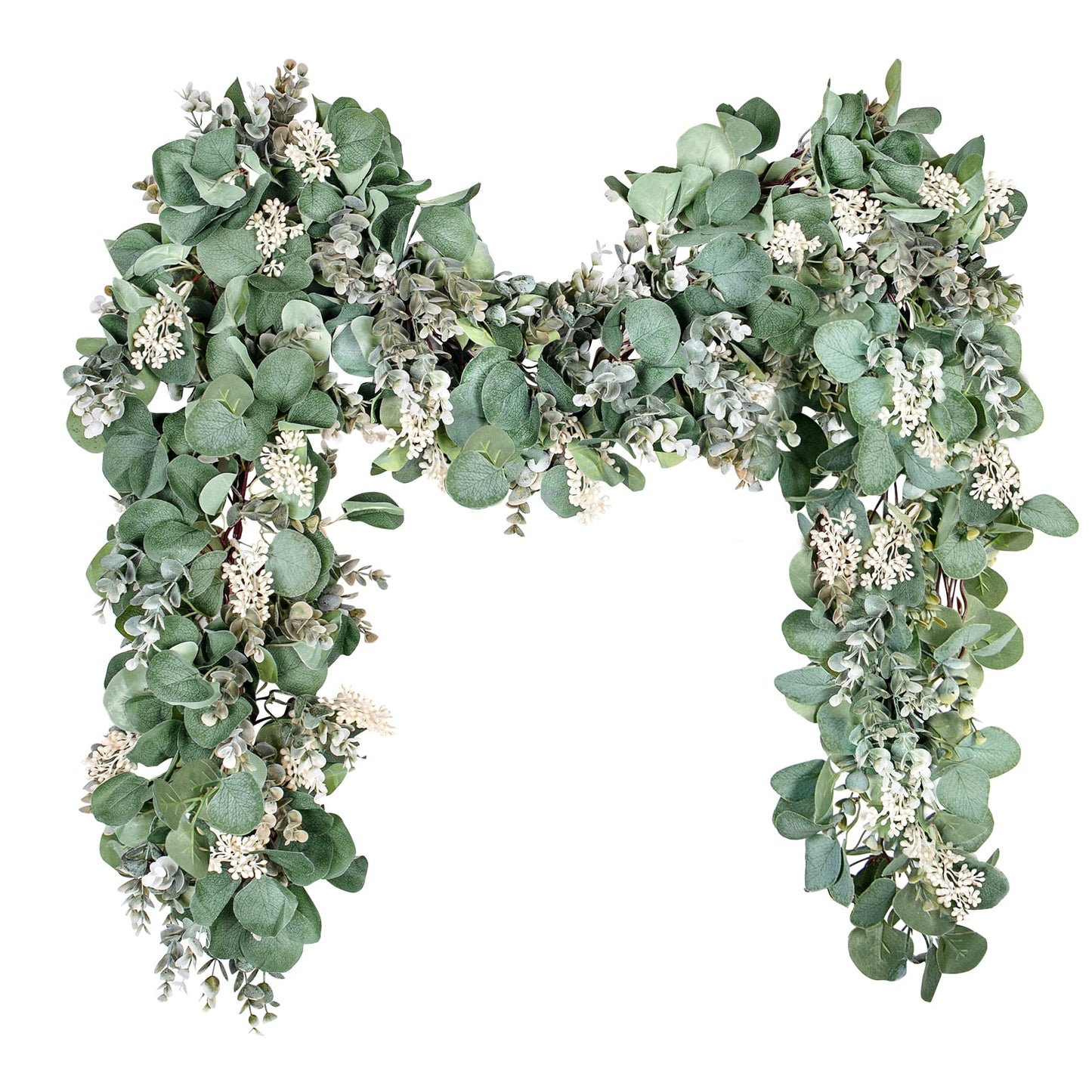 Scidweet 6.56 Ft Silver Dollar Eucalyptus Garland, Christmas Garland with White Buds Artificial Hanging Fake Plants Vines for Wedding Party Table Mantle Home Decoration