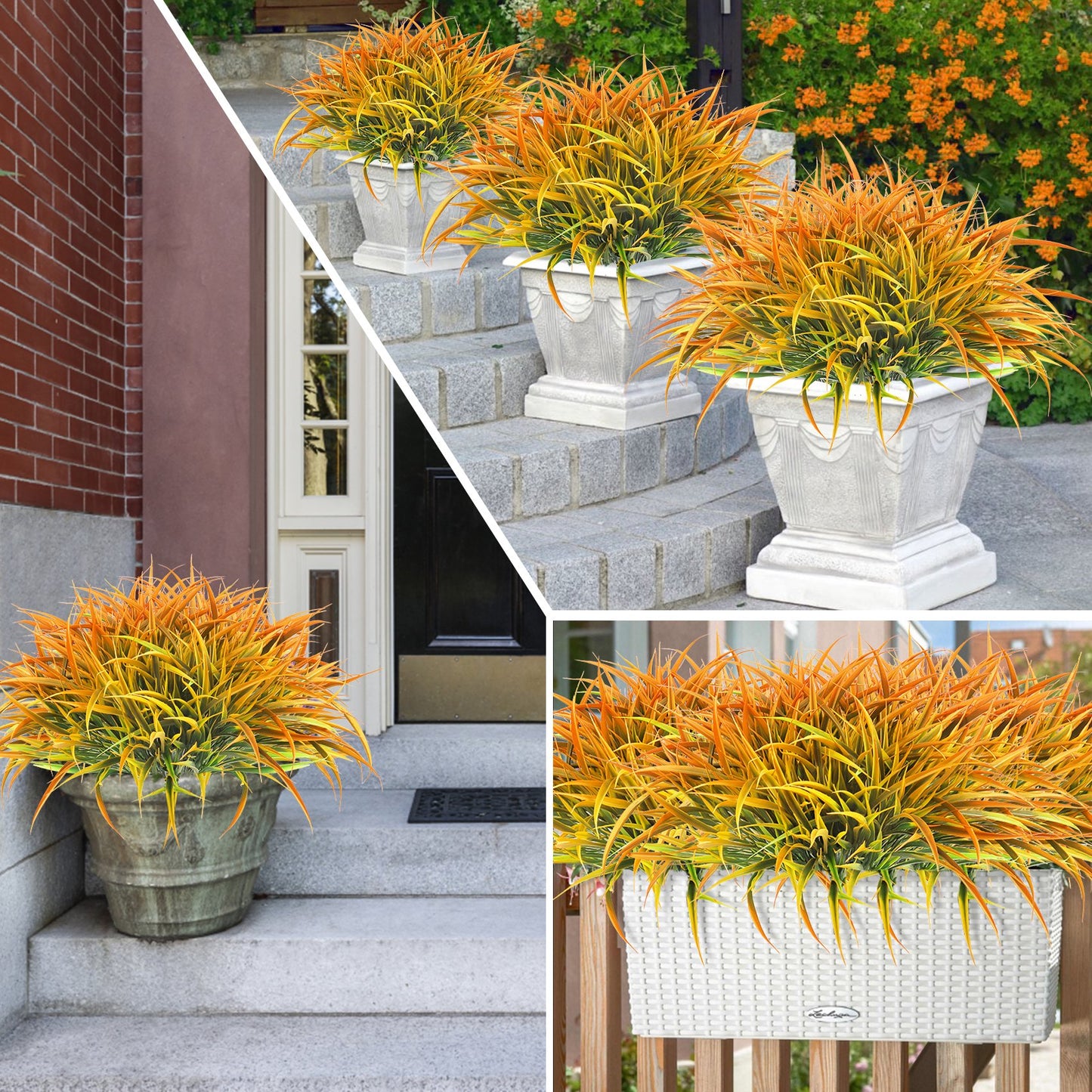 Scidweet 16 Bundles Autumn Outdoor Faux Plants, Fake Grass Artificial Plants Fall Decorations for Cemetery Home Garden Front Porch Decor, Orange