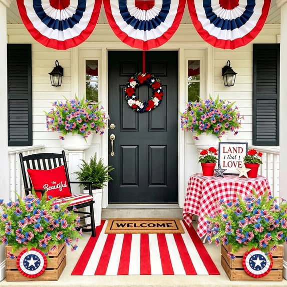 Scidweet Artificial Fake Flowers, 18 Bundles UV Resistant Faux Fake Silk Patriotic Flowers Plants for Outside Patio Garden Yard Porch 4th of July Home Decor