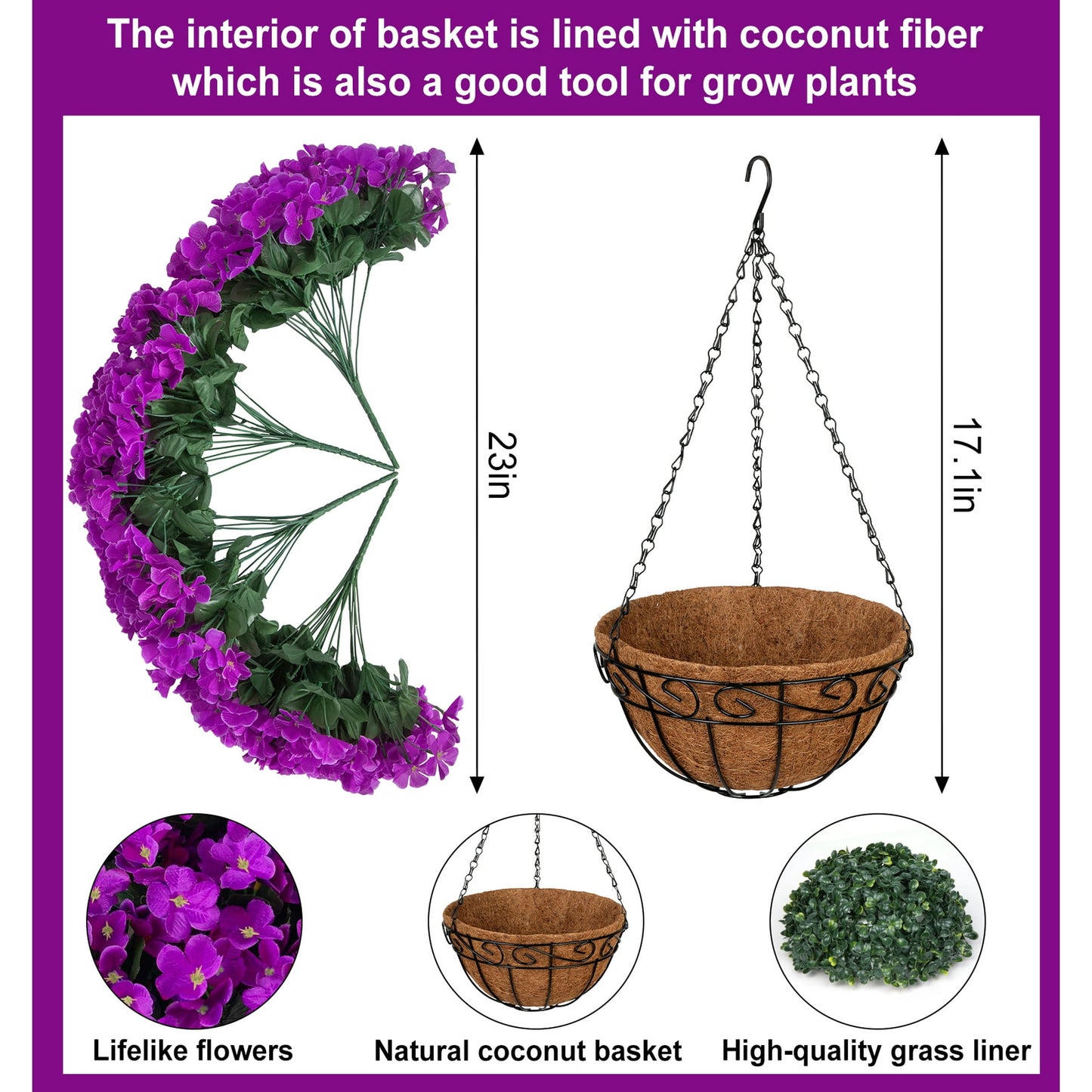 Scidweet Artificial Hanging Flowers with 12" Basket for Outdoors, Fake Flowers Faux Hydrangea for Spring Summer Outside Indoor Home Garden Decoration, Purple