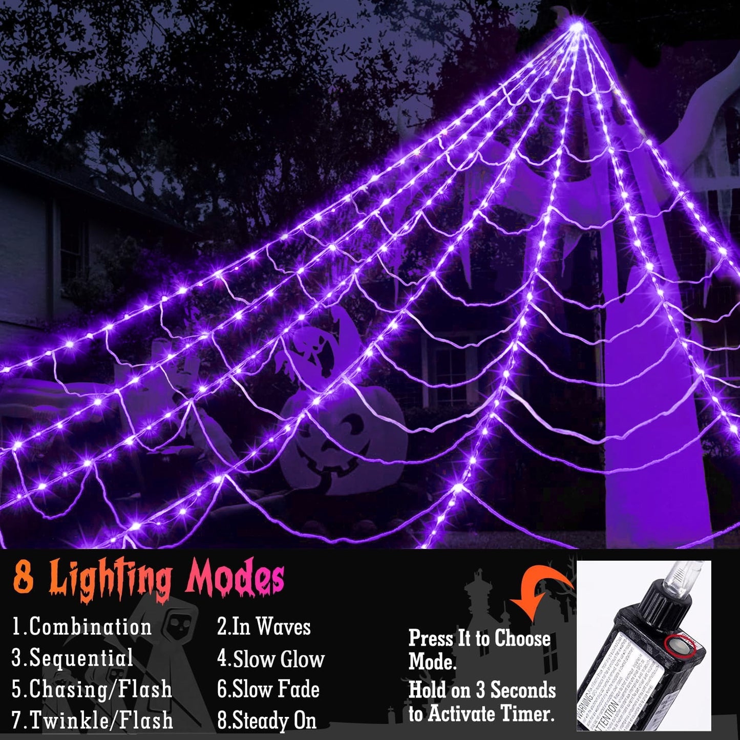 Scidweet Halloween Decorations Outdoor, 350 LED Halloween Spider Web Lights with 79" Giant Spider for Home Garden Yard Decor