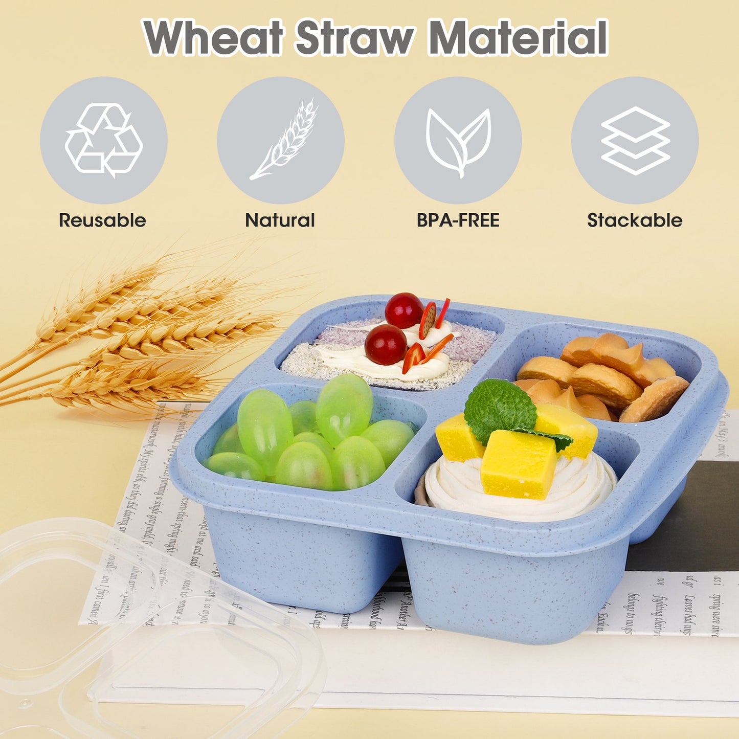 Bento Lunch Box, Reusable 4-Compartment & Fork Snack Containers for Kids and Adults, Food Storage Lunch Containers for School, Work and Travel, 6 Pack(Wheat Multicolor)