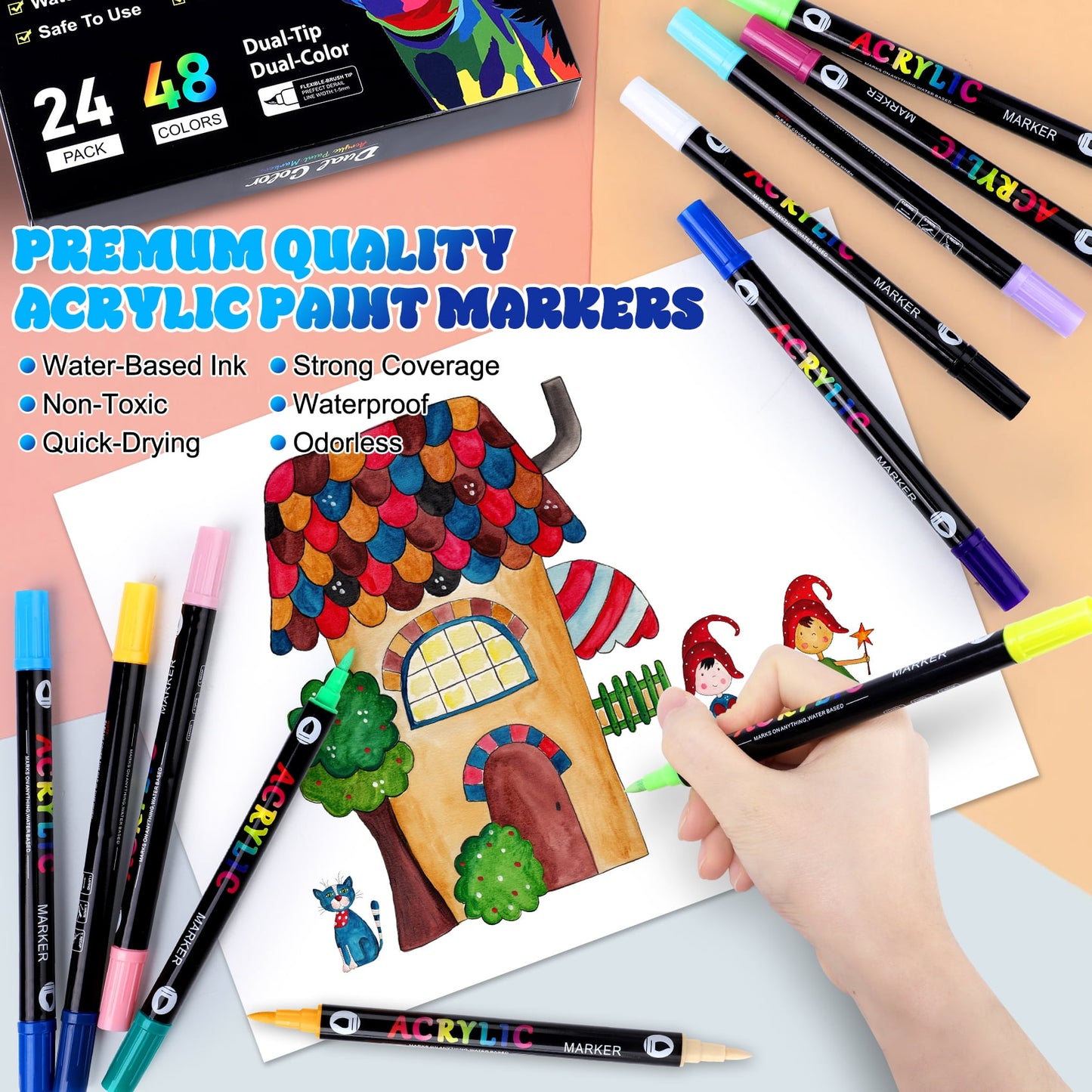 Scidweet Acrylic Paint Markers Set, 24 Pcs Dual Tip Dual Color Paint Pens Fine Needlepoint Marker Arts and Crafts Supplies Kit