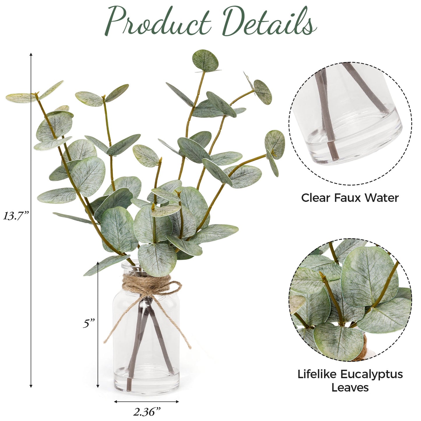 Scidweet Artificial Eucalyptus Plants, 13.7”Faux Fake Eucalyptus Stems Plants in Glass Vase with Faux Water for Kitchen Bathroom Office Home Decor