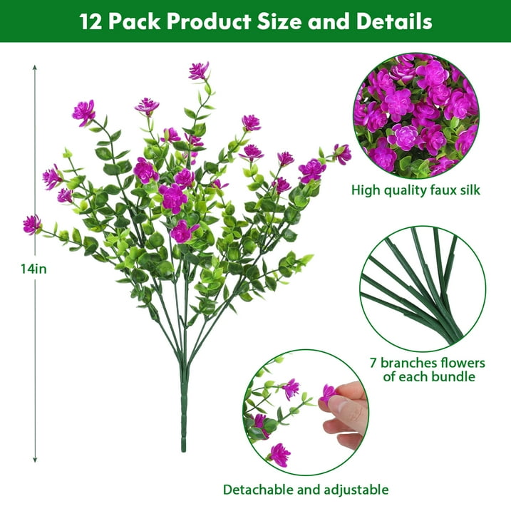 Scidweet 12 Bundles Artificial Flowers for Outdoors, Faux Flowers Fake Plastic Plants for Spring Summer Outside Indoor Home Garden Decoration, Fuchsia