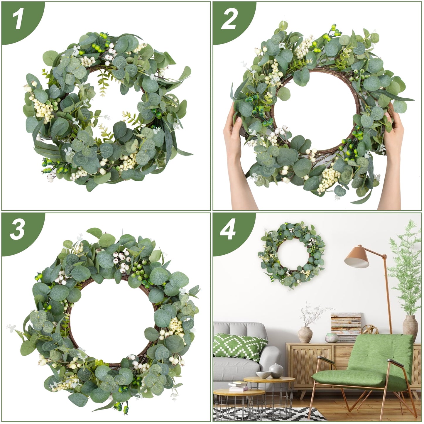 20 inch Artificial Eucalyptus Wreath for Front Door Green Leaf Spring Summer Farmhouse Porch Decor Wreath