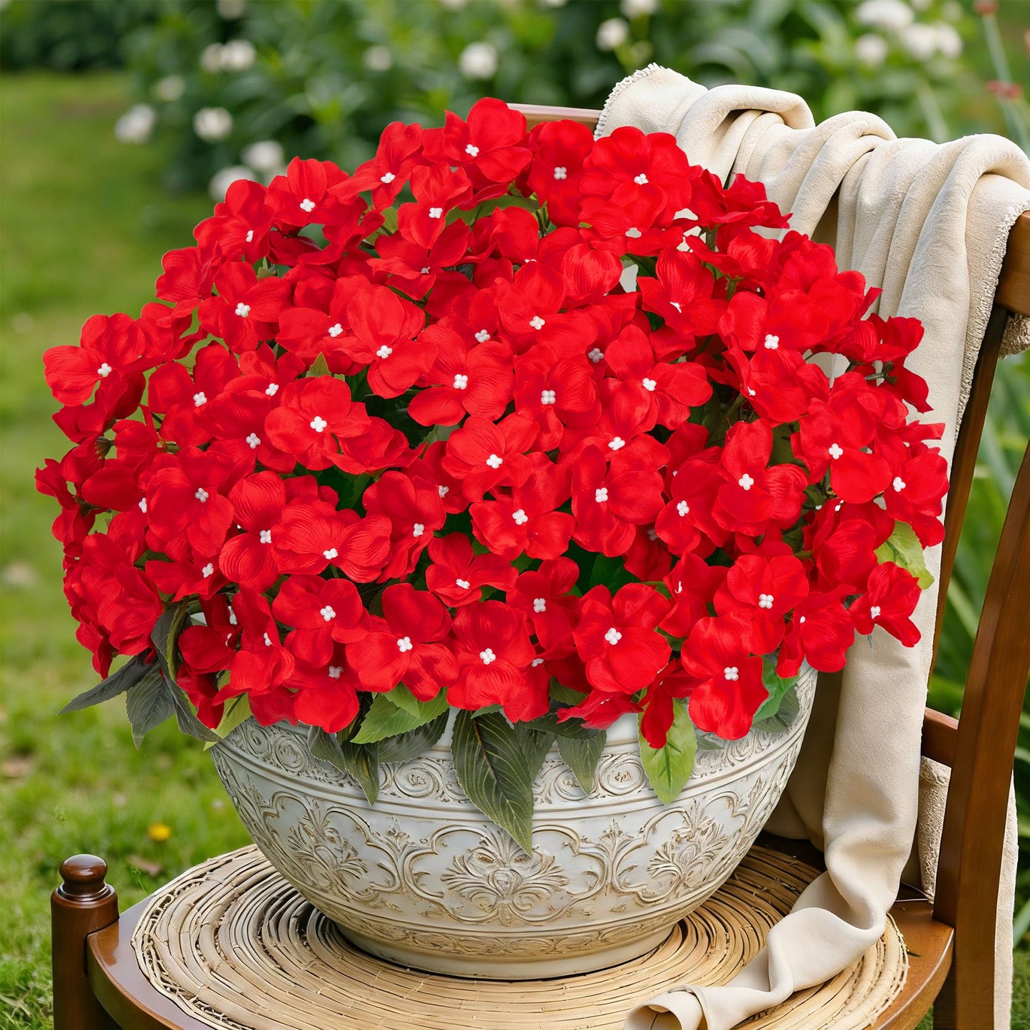 Scidweet Artificial Fake Flowers Outdoor, 6 Bundles Faux Plants Silk Impatiens Flowers Spring for Indoor Outside Home Porch Patio Garden Decor, Red