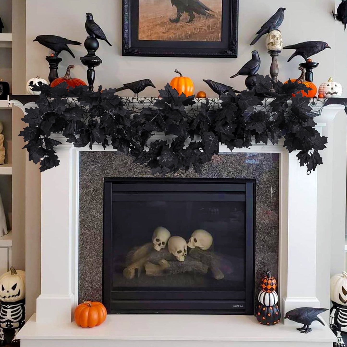 Scidweet Halloween Maple Leaf Garland, 2 Pack 5.8 ft 60 LED Purple String Lights Black Artificial Leaves Fake Vines for Bedroom Hanging Wall Fall Halloween Decor
