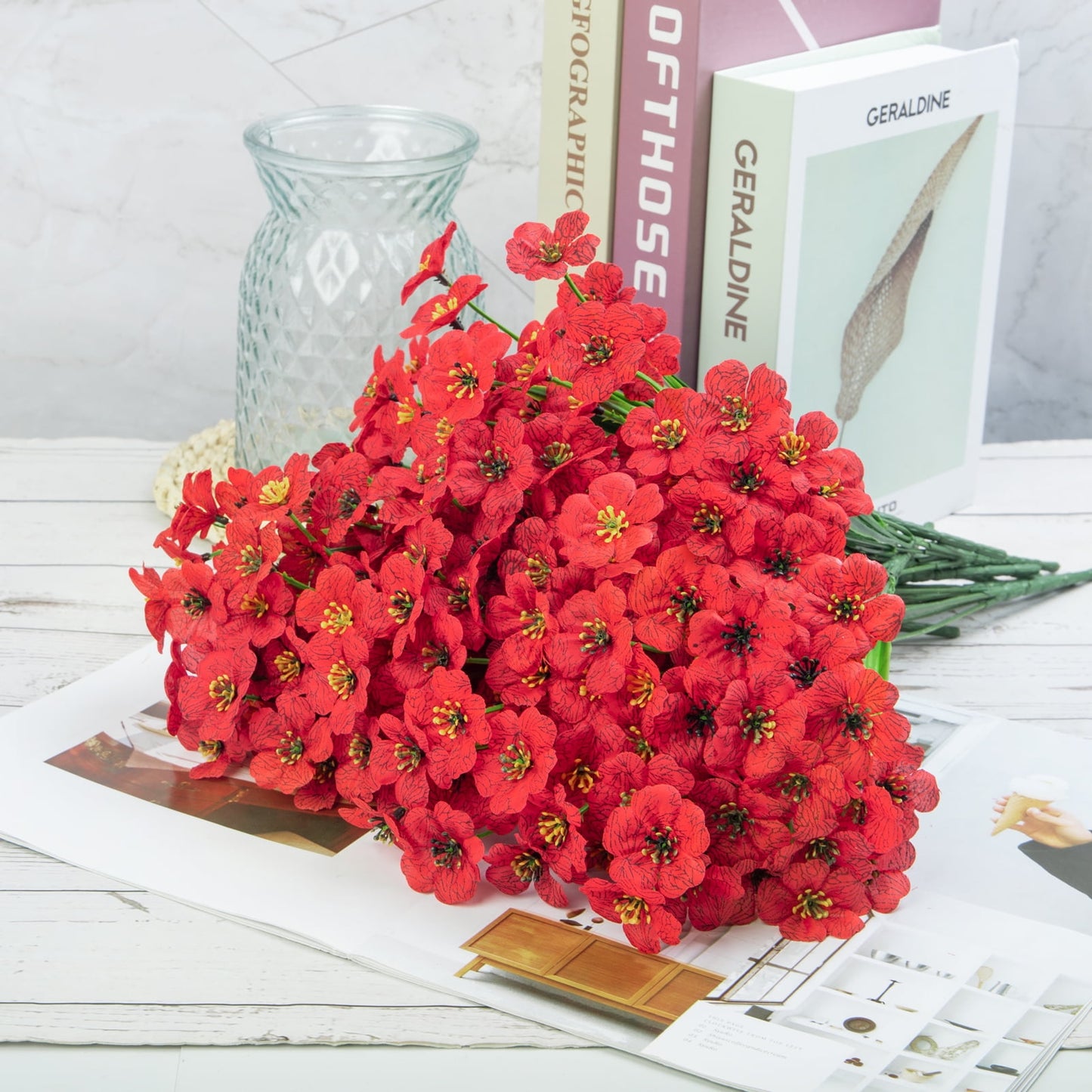 Scidweet 24 Bundles Artificial Flowers for Outdoors Fake Flowers Spring UV Resistant Fake Plastic Plant for Garden Porch Window Box Red