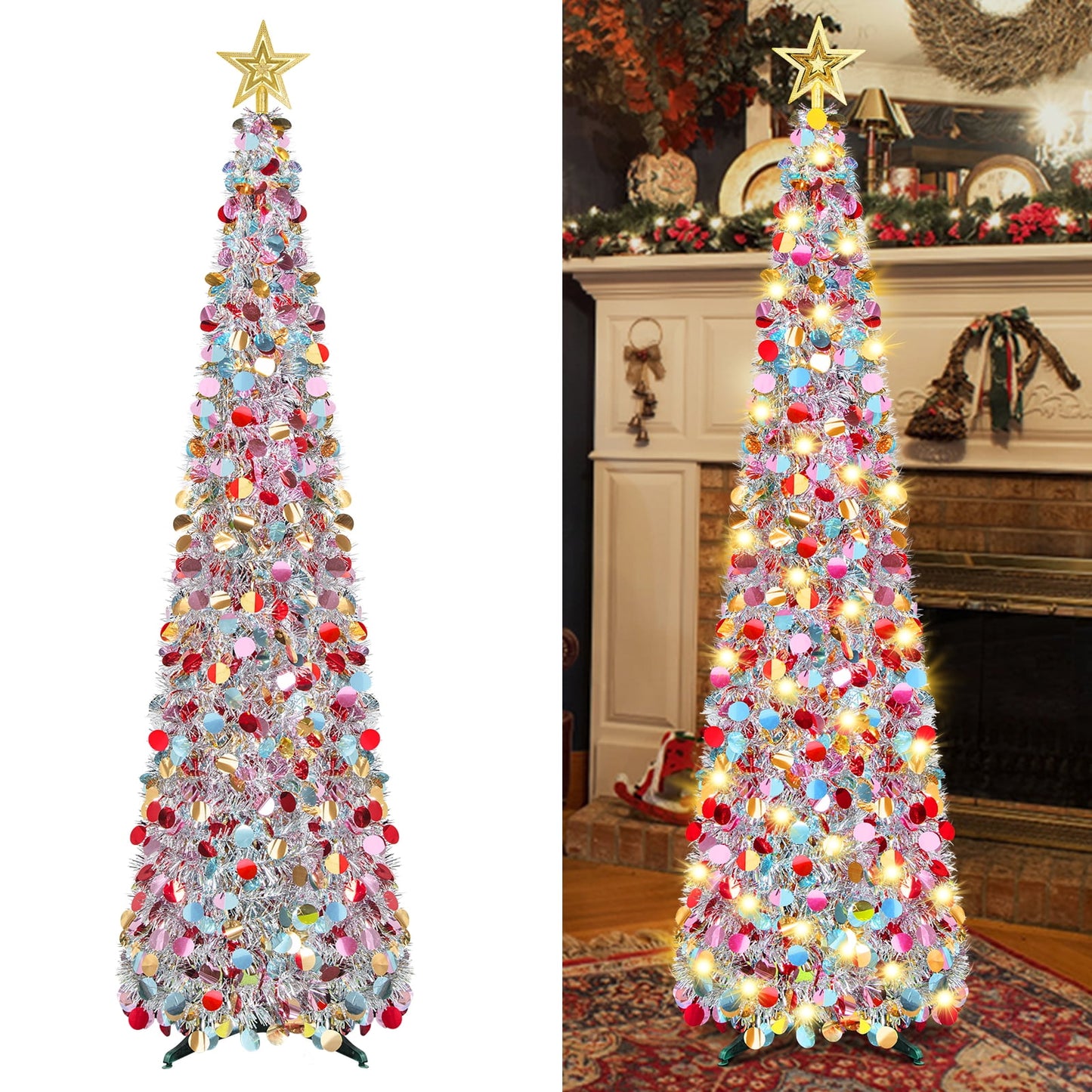 Scidweet 5 Ft Pop up Christmas Tree with Lights & Reflective Sequins, Artificial Collapsible Pencil Tinsel Xmas Tree for Christmas Decoration, Silver