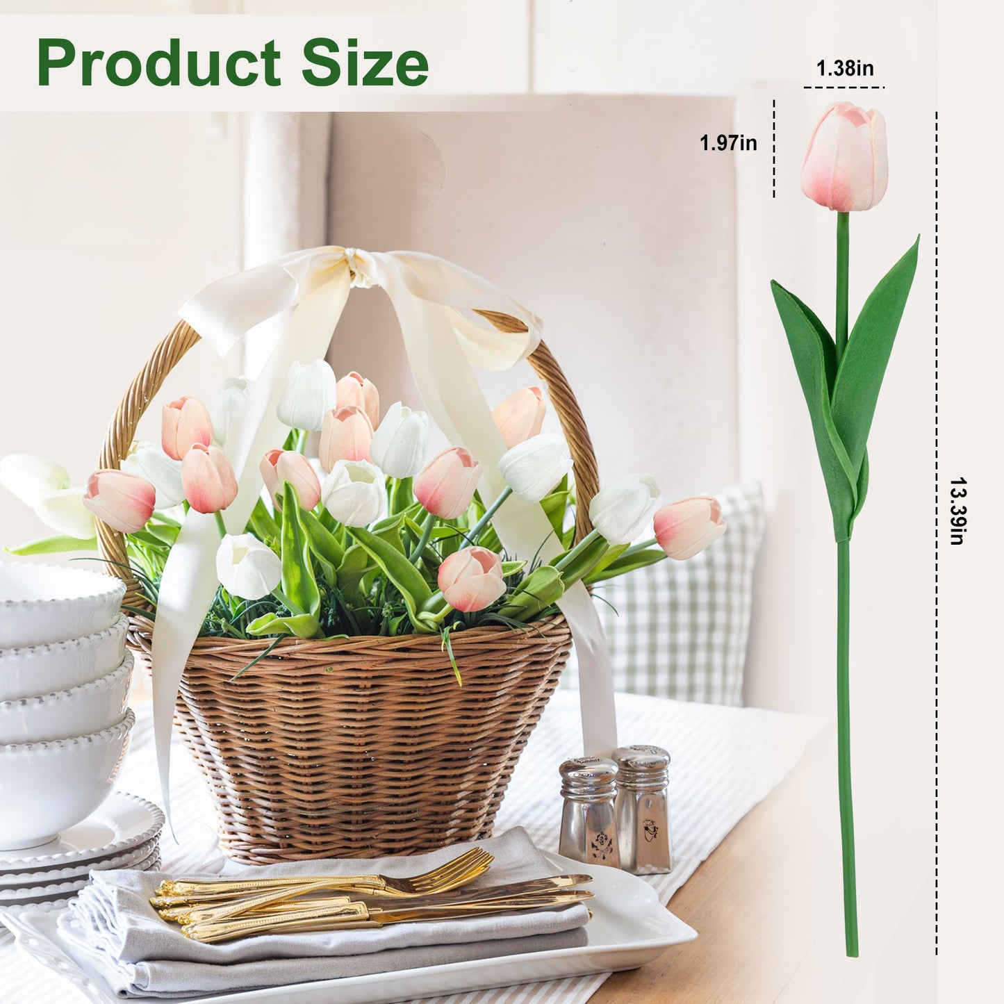 Scidweet 20 Pcs Artificial Flowers Fake Tulip, Pink White Tulip for Spring Indoor Table Wedding Decorations Mother's Day Easter Gifts