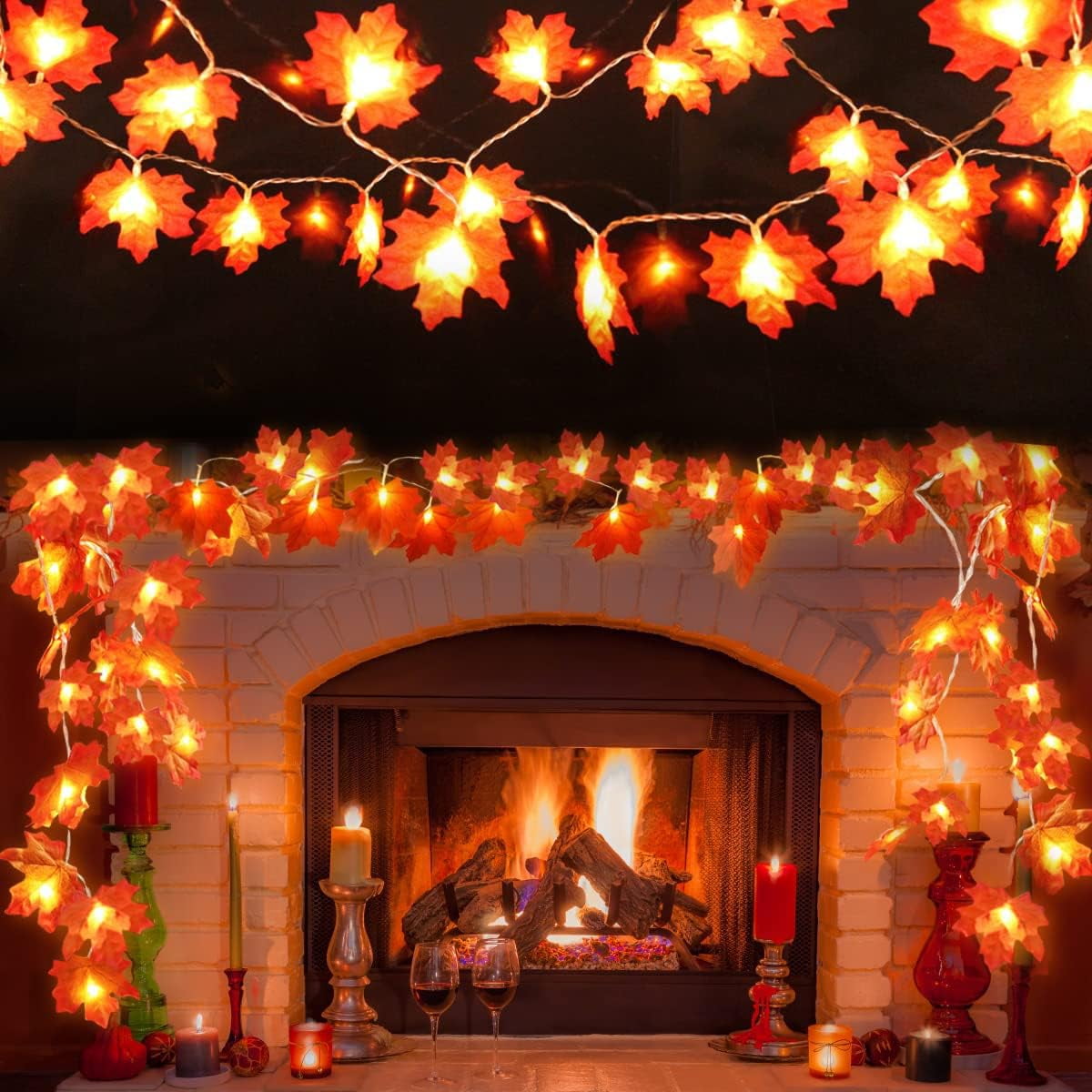 Scidweet 3 Pack Fall Garland Waterproof Maple Leaf Garland with String Lights for Home and Patio Thanksgiving Autumn Window Warm Decor