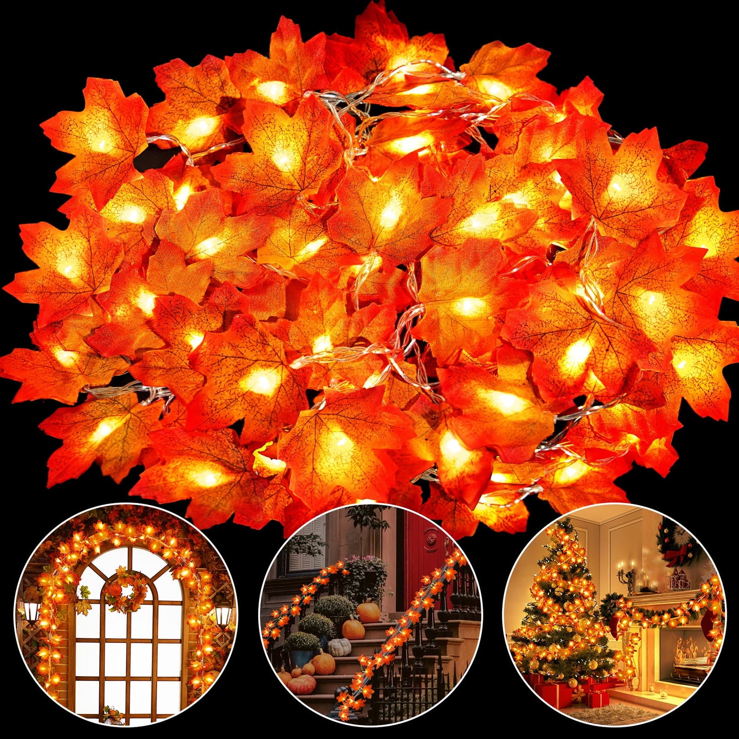 Scidweet 3 Pack Fall Garland Waterproof Maple Leaf Garland with String Lights for Home and Patio Thanksgiving Autumn Window Warm Decor