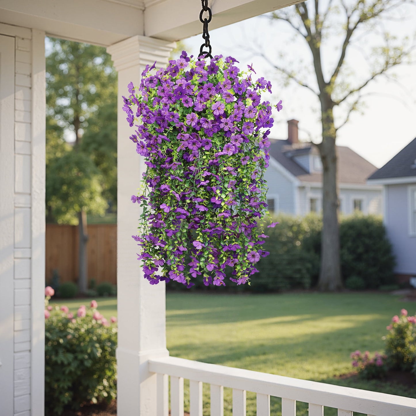 Scidweet Artificial Flowers Outdoors, 2 Pcs Hanging Fake Flowers Faux Silk Spring Summer Decoration for Home Garden Porch, Purple