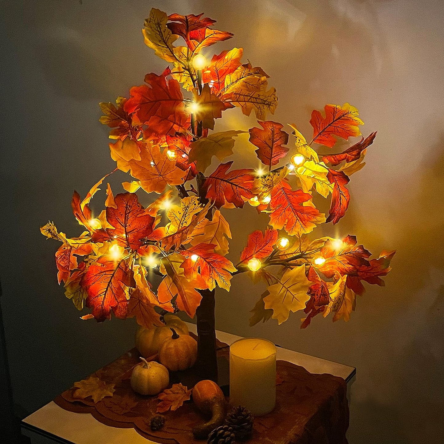 Scidweet Fall Decorations for Home, 25" 24 LED Artificial Fall Maple Leaves Table Tree with Pumpkins Lights Indoor Wedding Party Autumn Decor