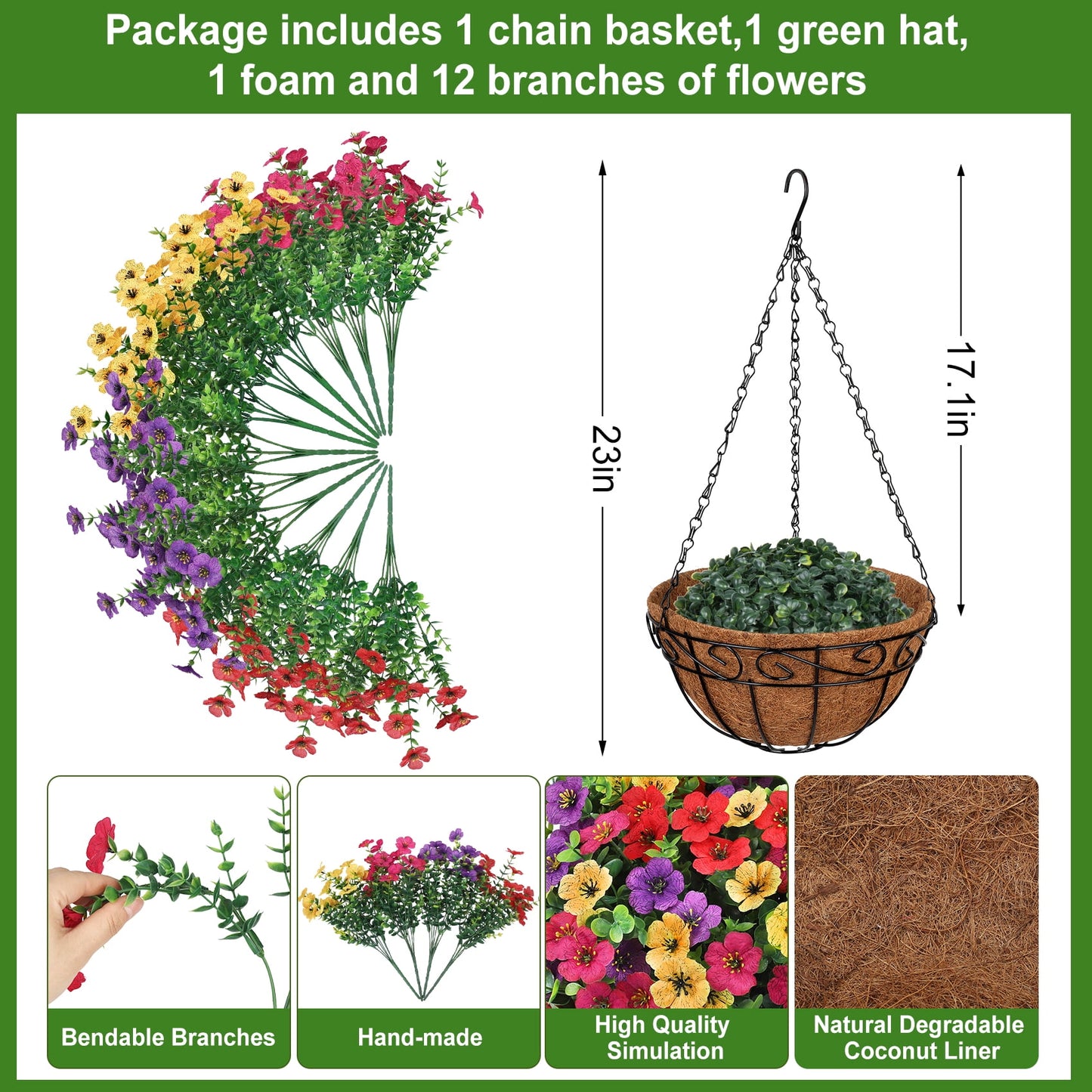 Scidweet Artificial Hanging Flowers, 12 Pcs Fake Flowers Faux Plants with Coconut Lining Basket for Outdoor Indoor Spring Summer Home Garden Decoration