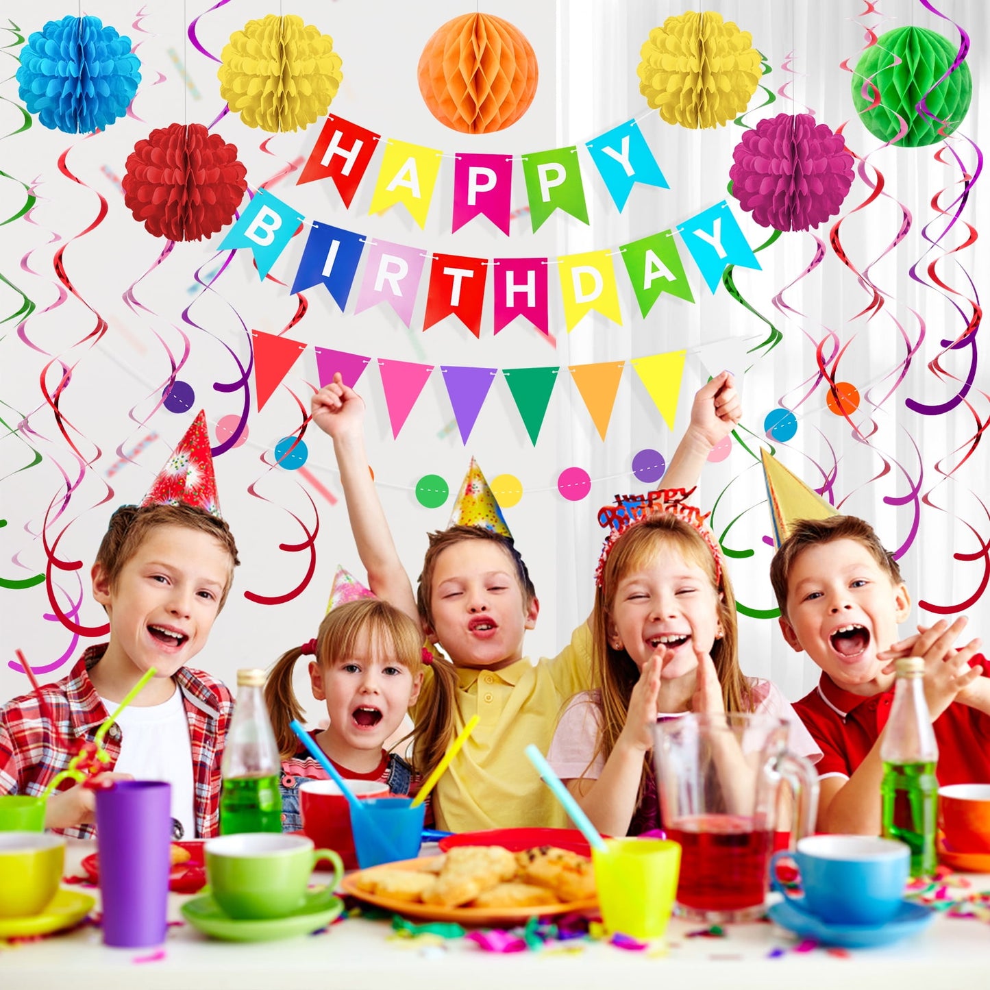 Happy Birthday Banner Party Decorations with Colorful Rainbow Paper Honeycomb Balls Circle Dots Flags Swirl Streamers for Birthday