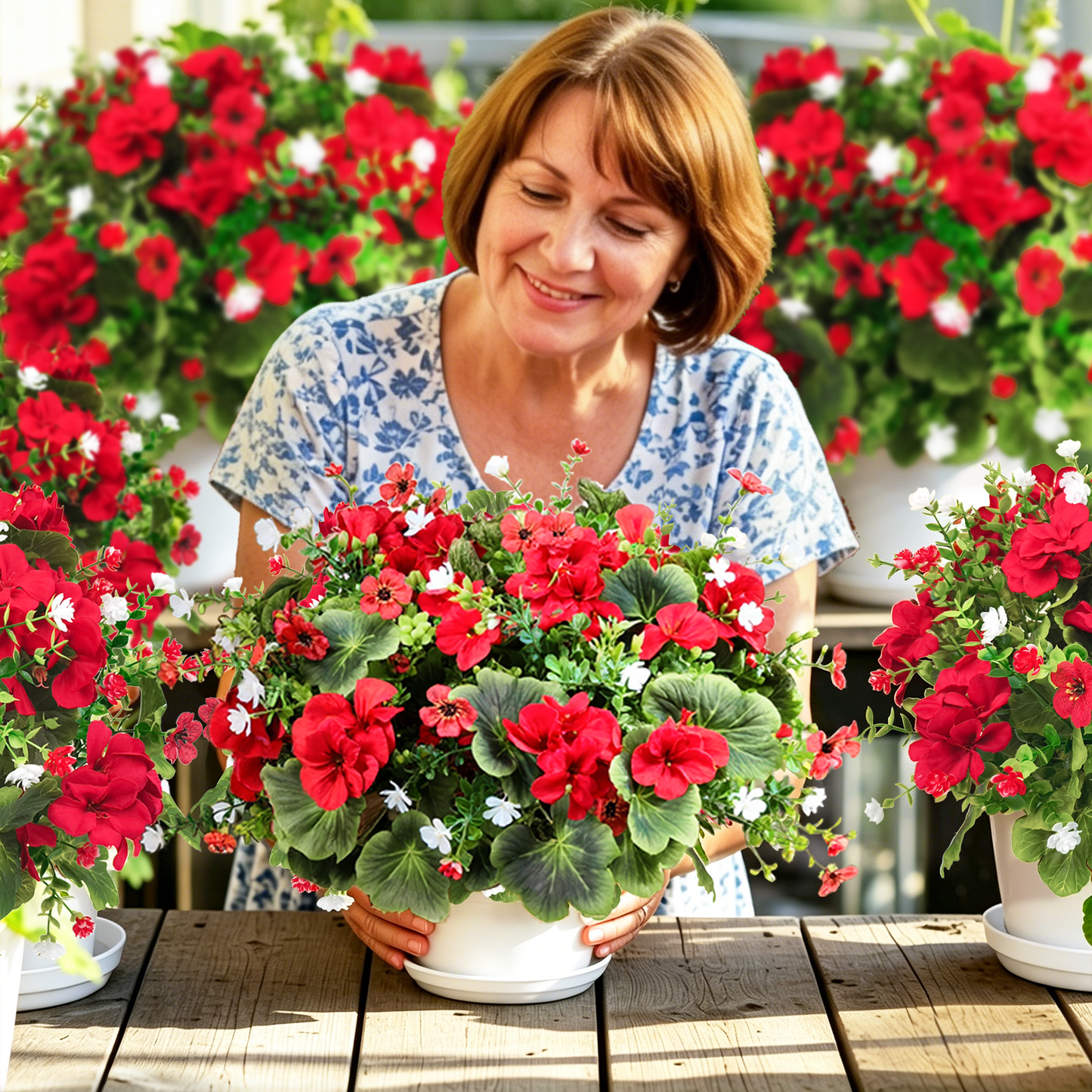 Scidweeet Artificial Geraniums Flowers for Outdoors, 10 Bundles Mixed Faux Silk Flowers Fake Plastic Flowers for Spring Summer Indoor Table Patio Garden Porch decor