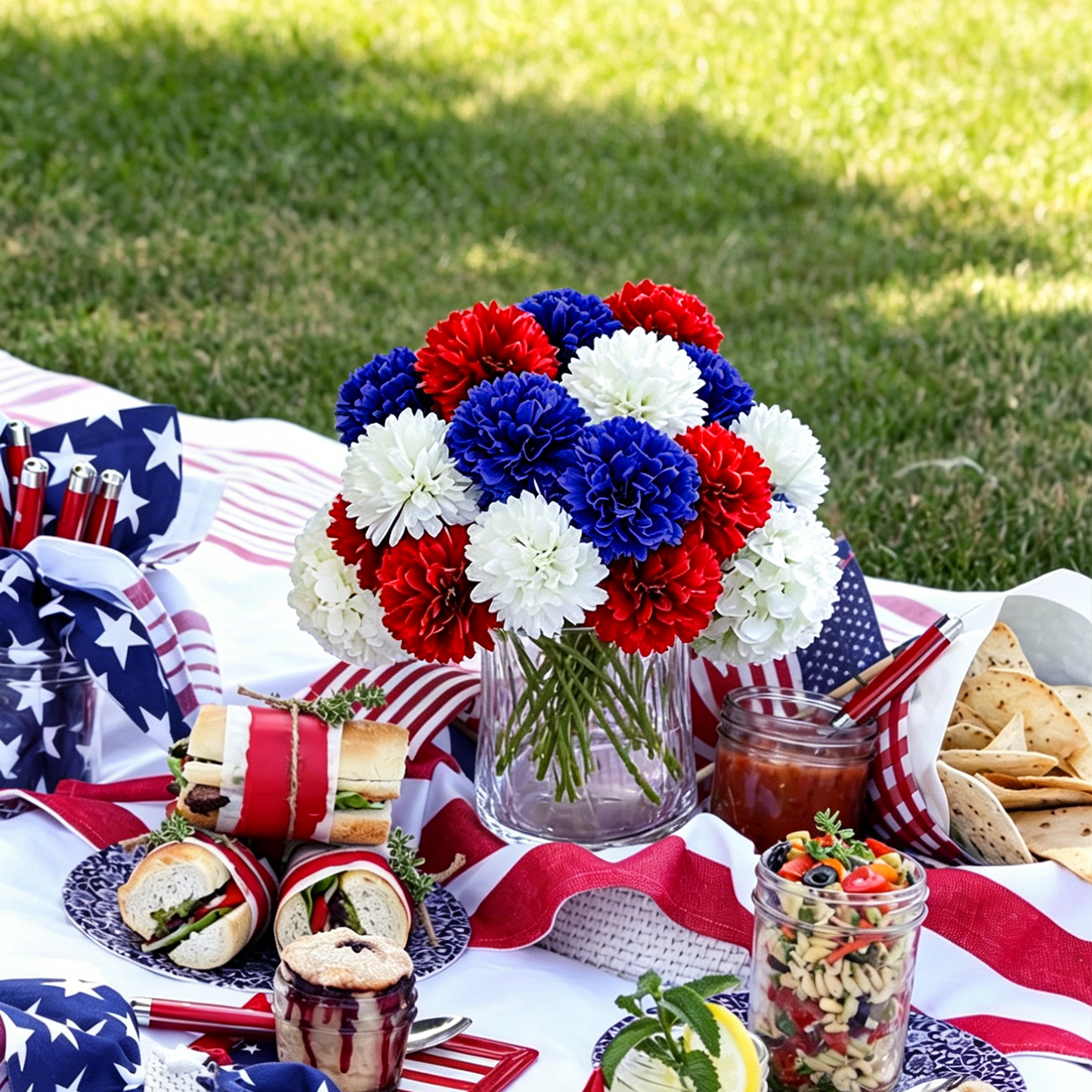 Scidweet 18PCS Artificial Memorial Day Flowers, Red White and Blue Decorations Faux Flowers Ball Chrysanthemum Bouquet for Patriotic 4th of July Home Office Tables Outdoor Indoor Decorations