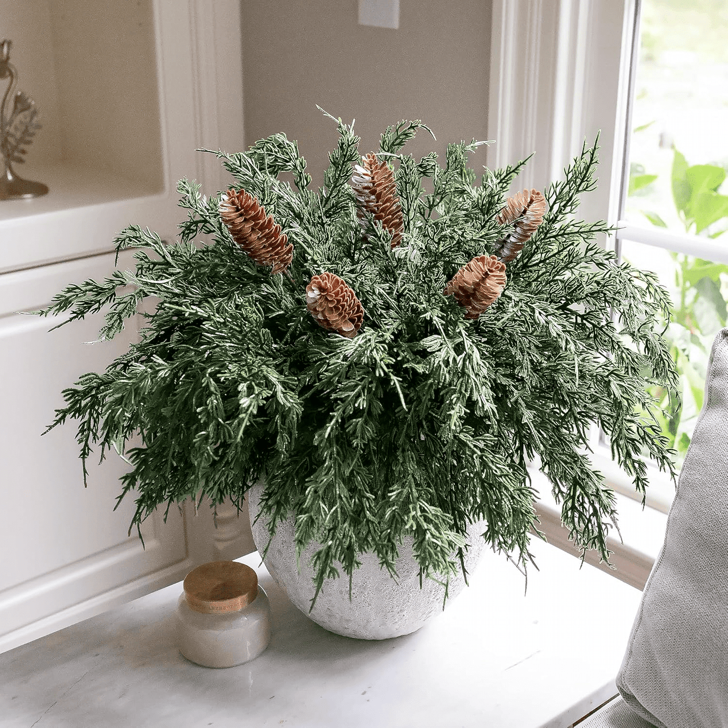  Artificial Norfolk Pine Branches Plants for Christmas Decor, 20 Pcs Artificial Pine Branches with Big Pine Cones for DIY Wreath Home Xmas Decor