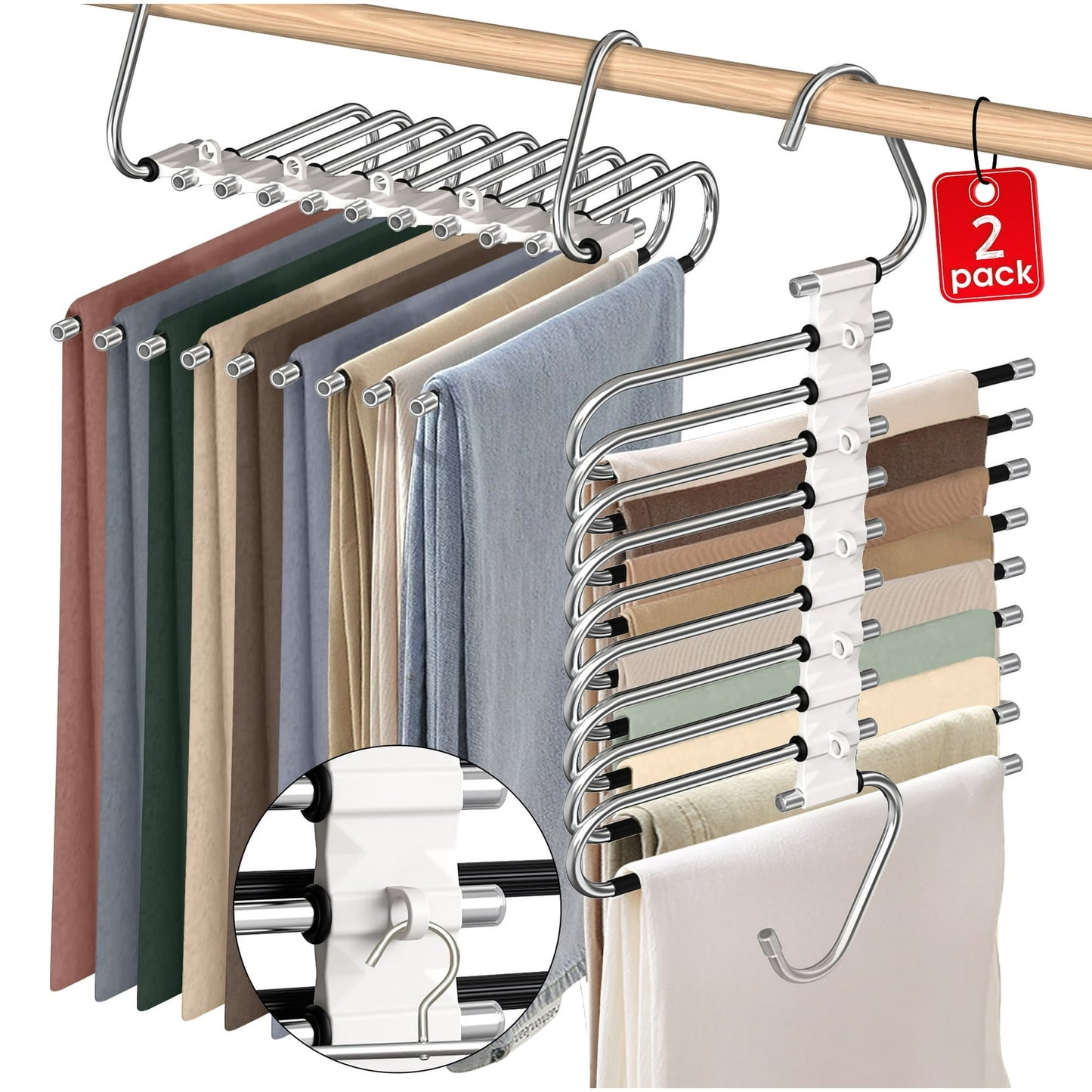 Clothes Hangers, 2 Pack Space Saving Hangers Pants Rack Skirt Hangers Magic Closet Hangers Closet Organizer Pants Hanger Multifunctional Non-Slip Hangers