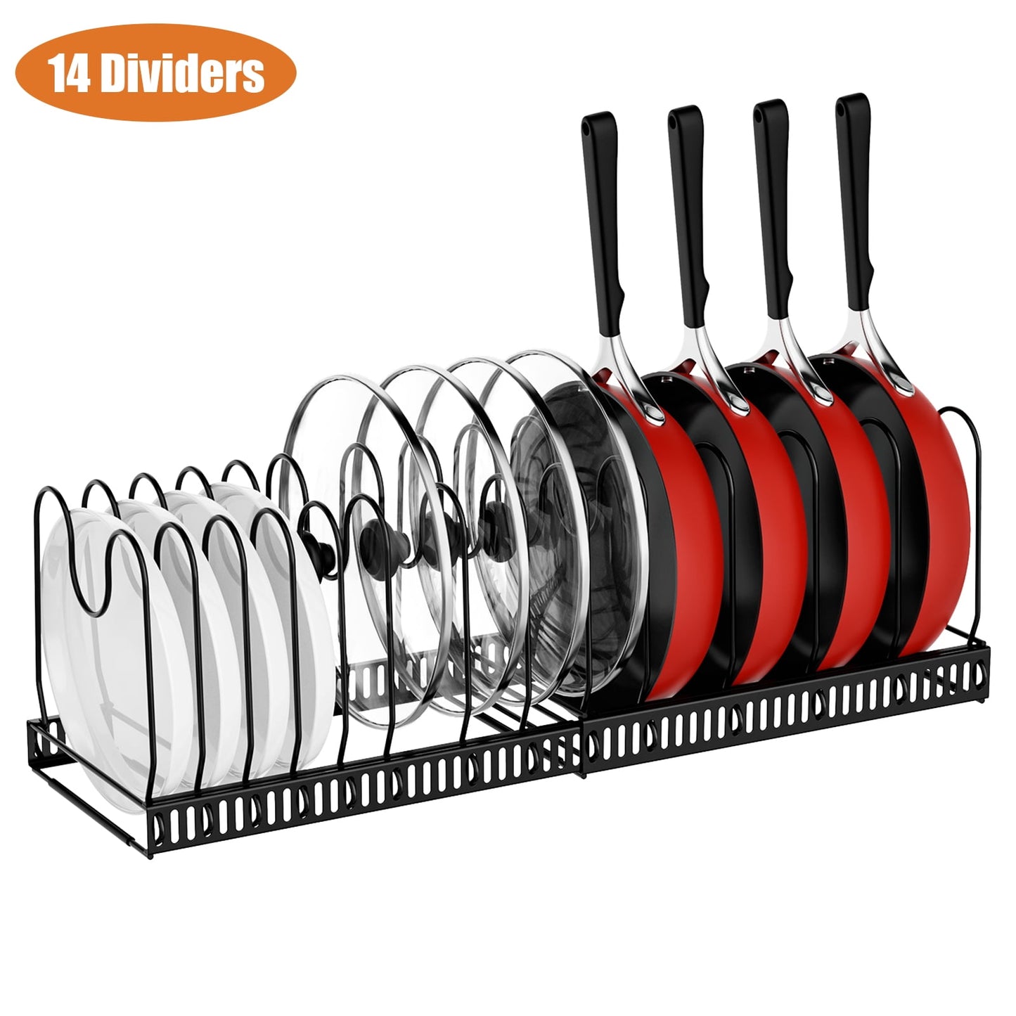 Expandable Pots and Pans Lid Organizer Rack, Cabinet Pantry Drawer Organizer and Storage Kitchen with 14 Adjustable Dividers