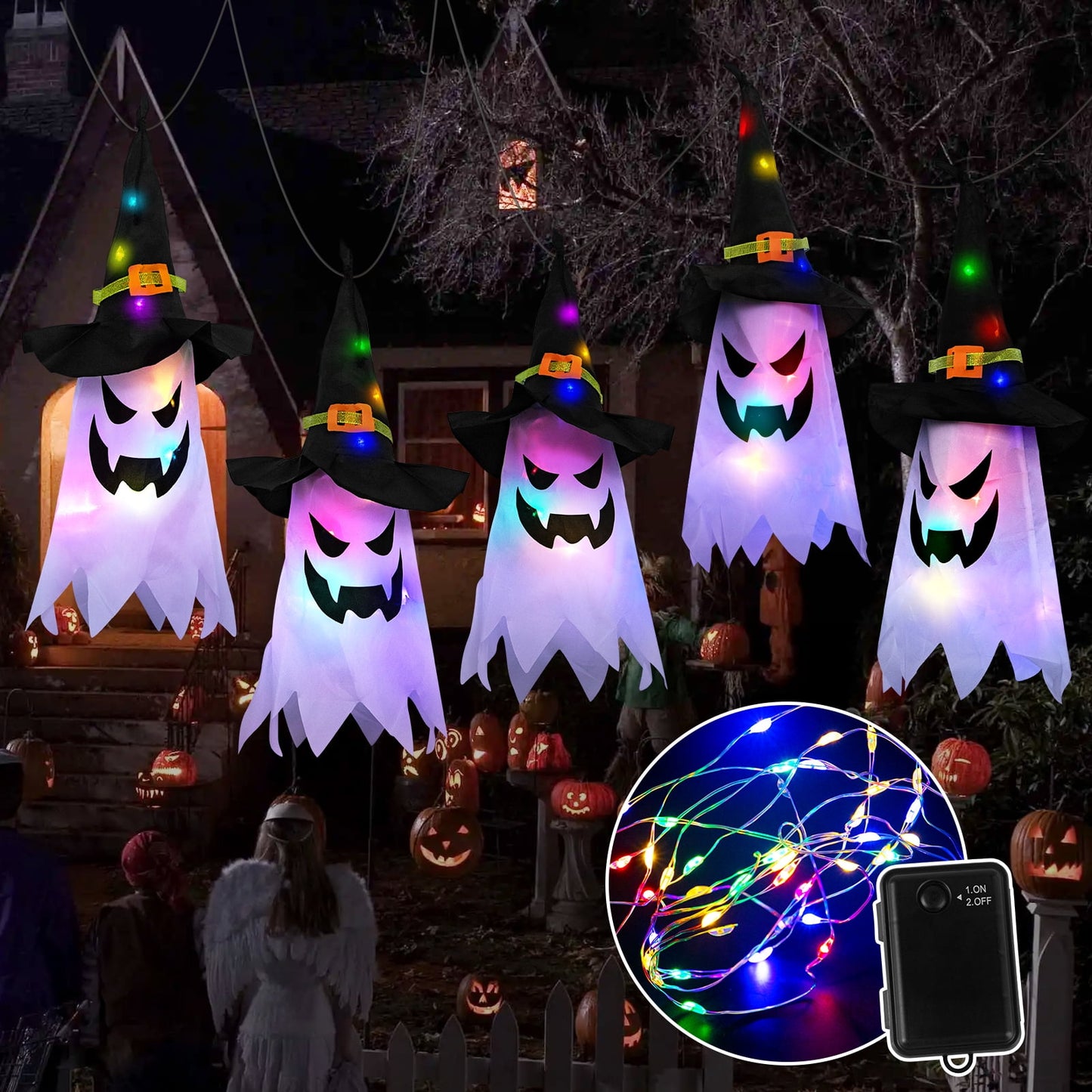 Scidweet Halloween Decorations Hanging Outdoor String Lights Glowing Ghost Witch Hat Indoor Ornaments Halloween Lights for Home Tree Garden Yard (5 Pcs)