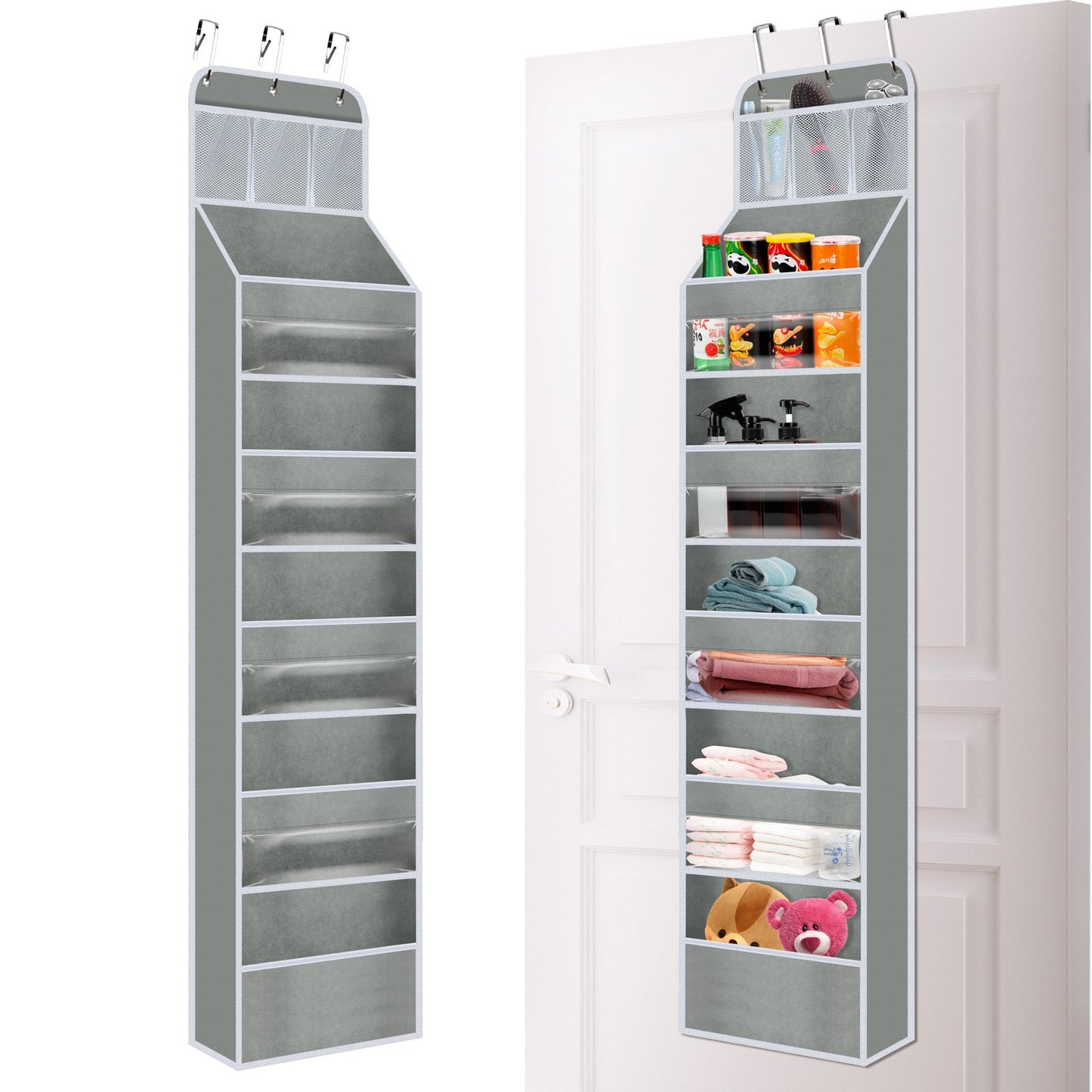 Multi functional hanging storage rack on the gray door on the 6th floor