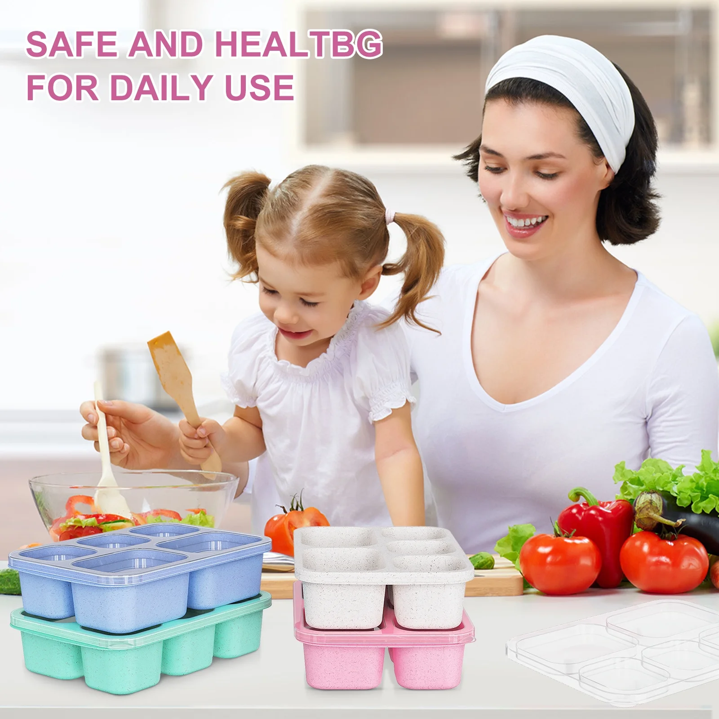 Bento Box Adult Lunch Box, 4 Pack 5 Compartment Meal Prep Container for Kids, Reusable Wheat Food Storage Snack Container, Stackable for School, Work, and Travel (Green/Blue/Pink/Beige)