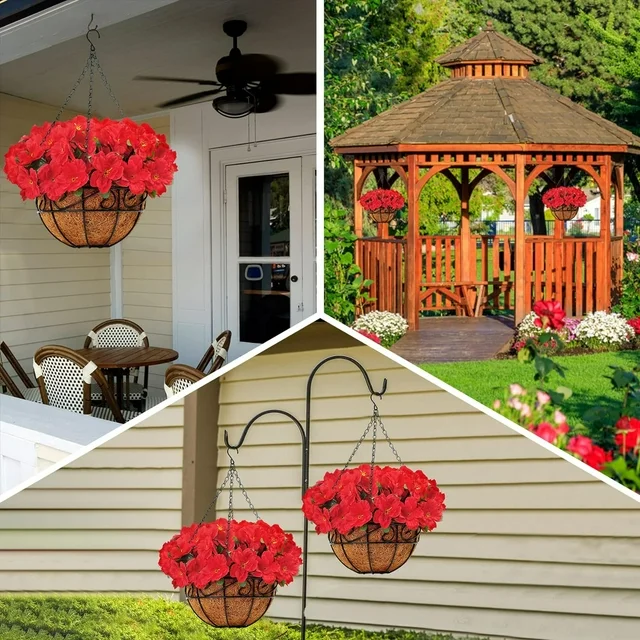 Scidweet Artificial Plants, Fake Hanging Silk Azalea in Baskets Plants 30 Forked Flowers, Rose Red