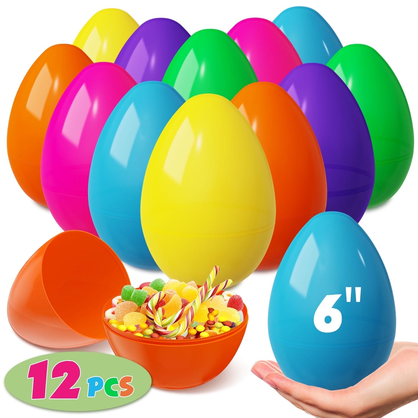 Scidweet 12 Pcs Jumbo Easter Eggs, 6" Large Plastic Eggs Fillable Easter Basket Fillers Party Gifts Prizes Props Decoration
