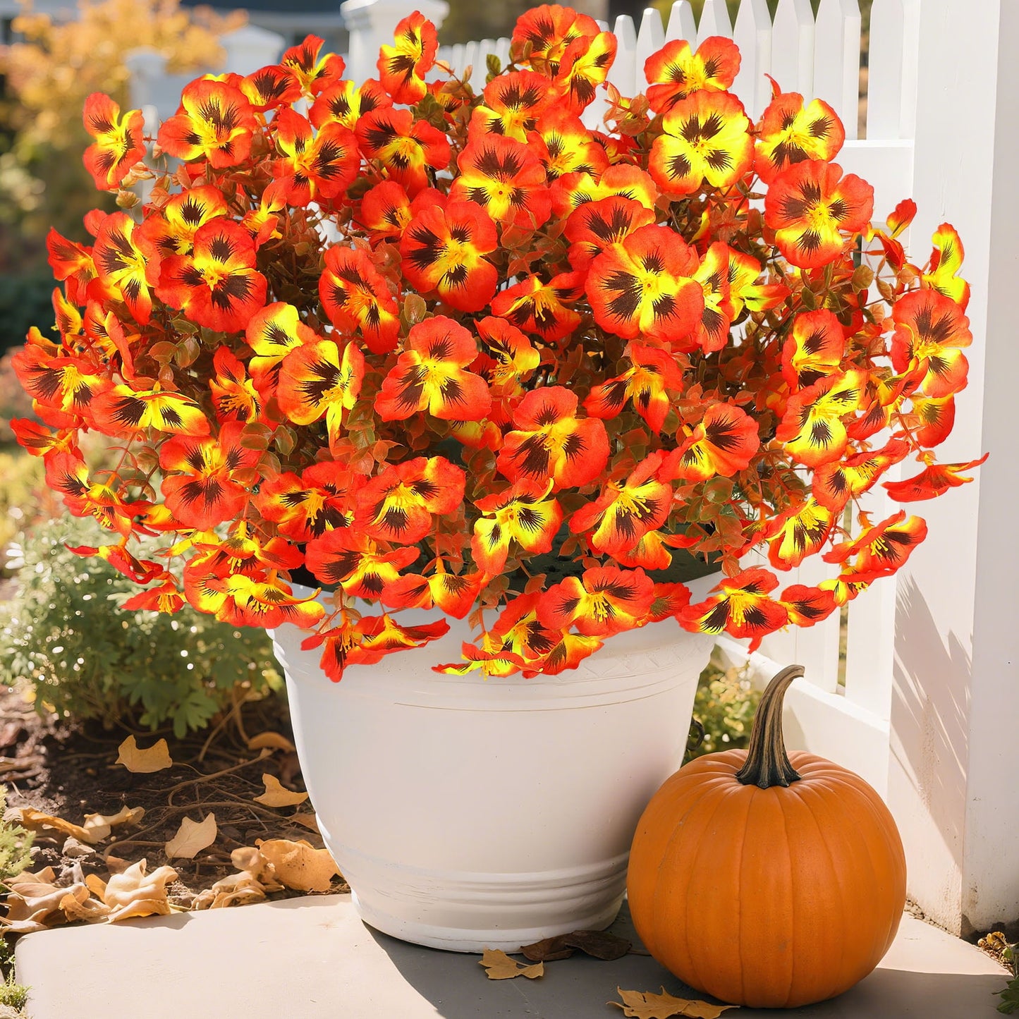 Scidweet 12 Bundles Artificial Pansy Flowers for Outdoor, Faux Silk Pansies Flowers Fall Decoration for Outside Home Porch Patio Yard Garden Decor, Orange