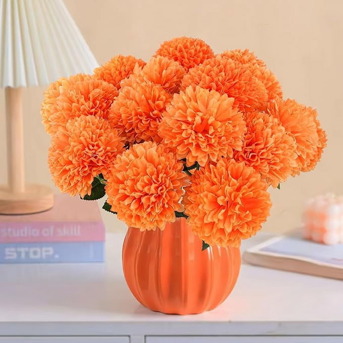 Scidweet 18 Pcs Artificial Chrysanthemums Flowers Ball Flower, Orange Fake Mums Silk Fall Flowers for Autumn Home Decor