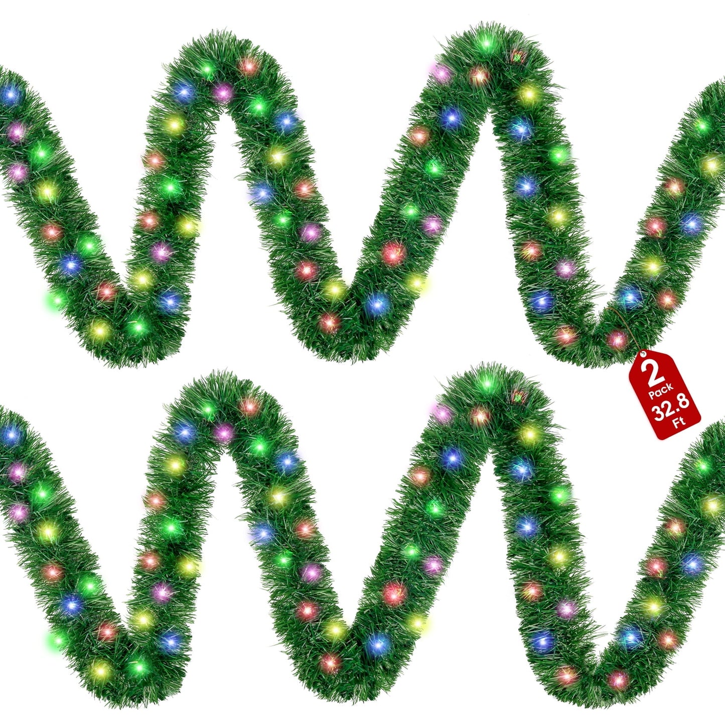 Scidweet 2 Pcs 32.8 Ft Christmas Garland with Lights, 50 Multicolor LED Pre-Lit Christmas Garland Decorations for Indoor Outdoor Christmas Tree Party Wedding Holiday Xmas Decor (Green)