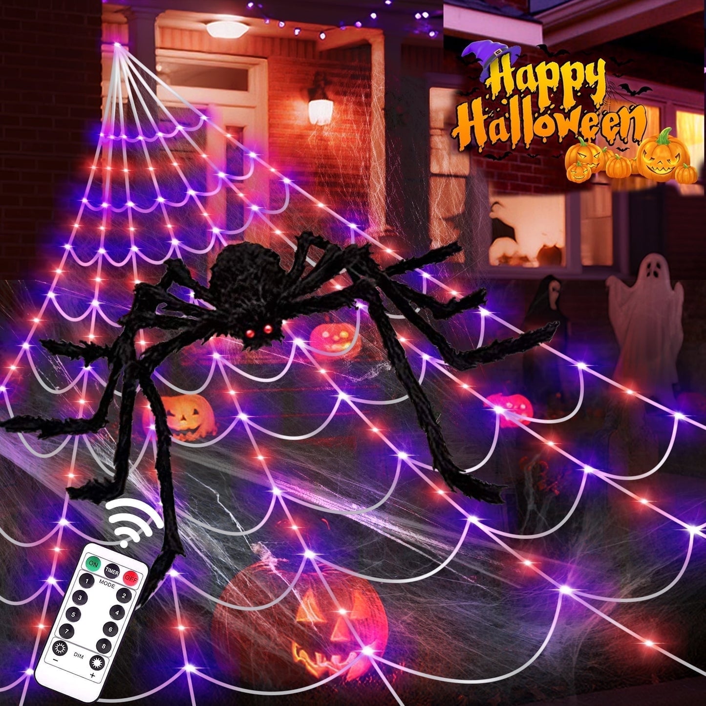 Scidweet Halloween Decorations Outdoor, 350 LED Halloween Spider Web Lights with 79" Large Spider for Garden Yard Home Decor, Multicolor