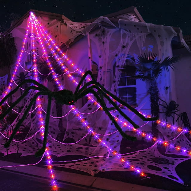 Scidweet 18.04 FT Spider Web Decor and 350 LEDs Giant Spider Web Lights with 78.7 in Large Spider 8 Modes Waterproof for Yard Lawn Halloween Decorations (Orange, purple)