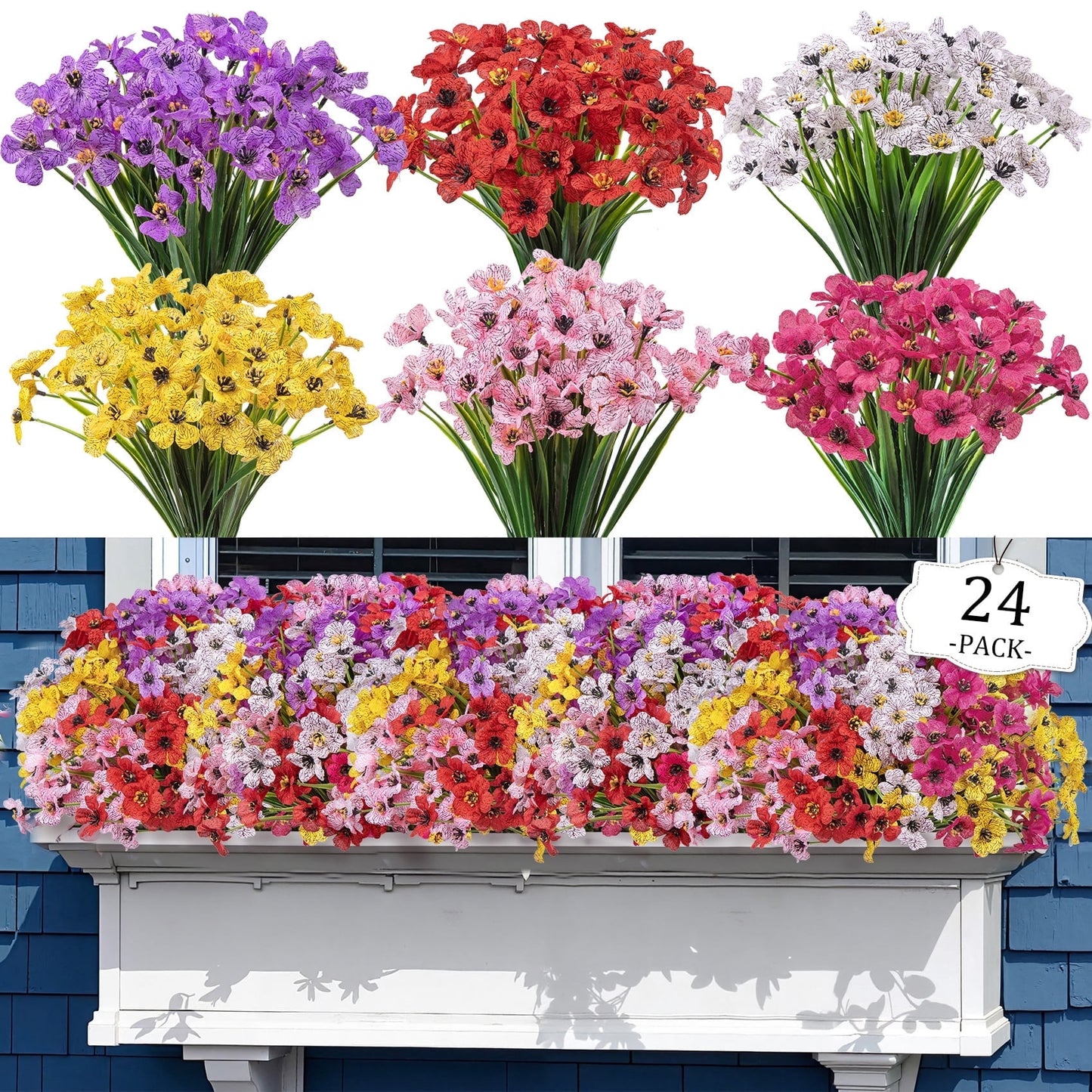 Scidweet 24 Pack Fake Flowers Outdoor, Artificial Plants Faux Flowers Spring Summer Outside for Home Garden Porch Window Box Decorations, Multicolor