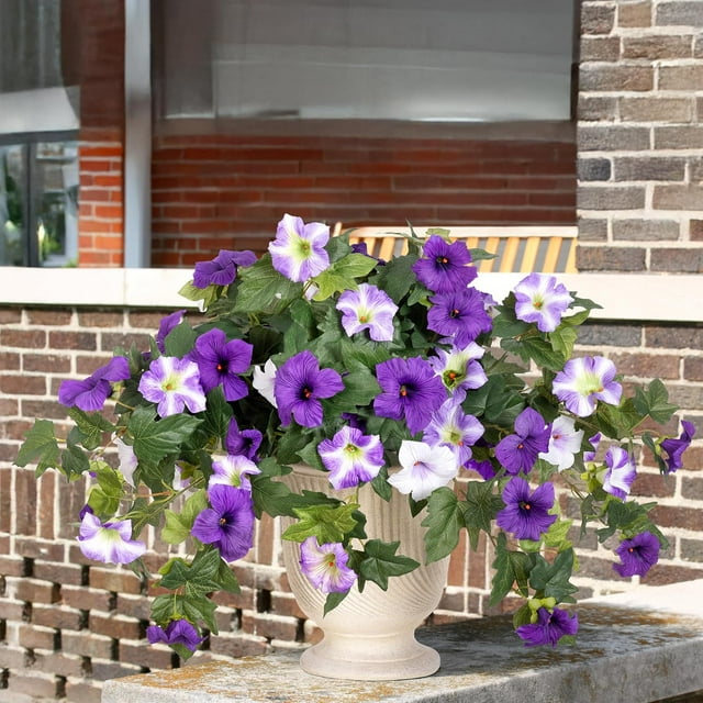 Scidweet 2PCS Artificial Fake Flowers Plants for Outdoor Decoration, Spring Faux Petunias Silk Flower for Home Garden Balcony Yard Indoor Decor (Purple White)