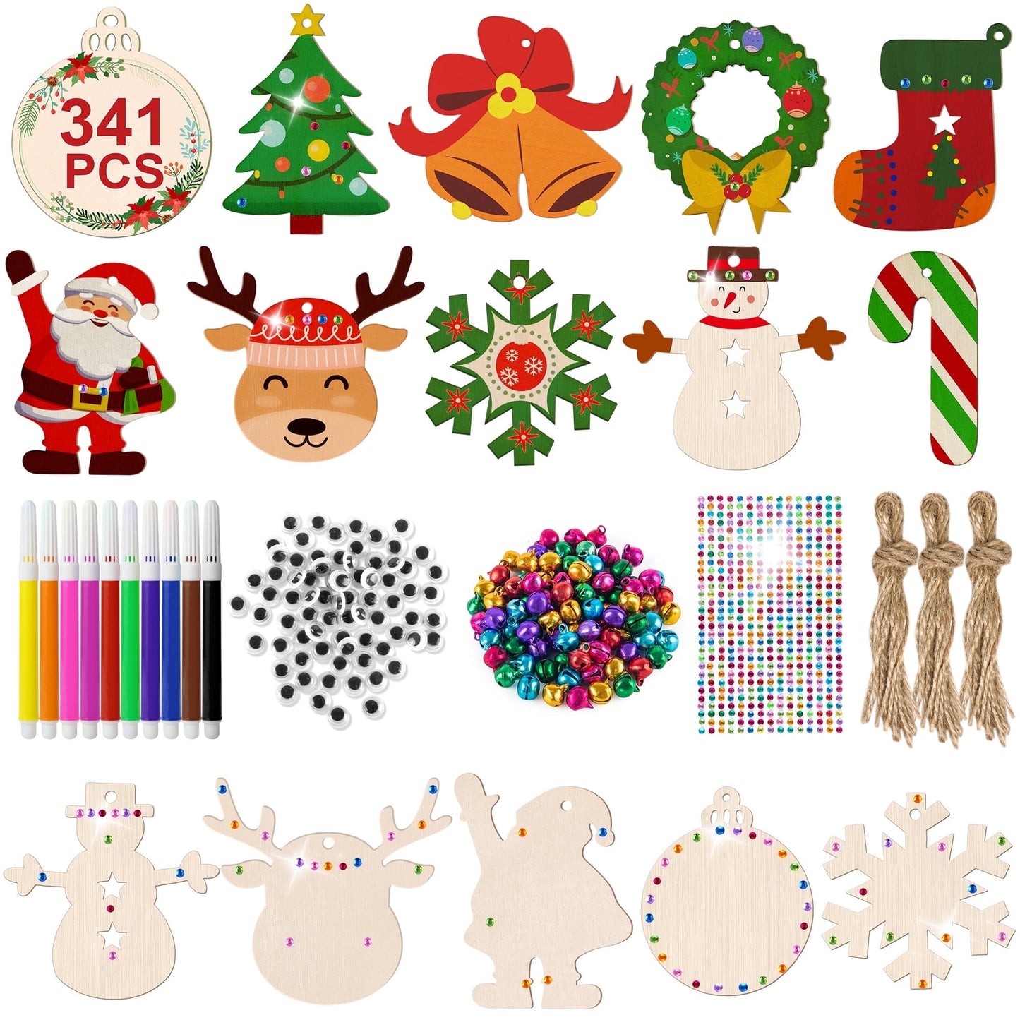 Scidweet 341 Pcs Wooden Christmas Ornaments, DIY Xmas Ornaments Set to Paint for Christmas Tree Decorations