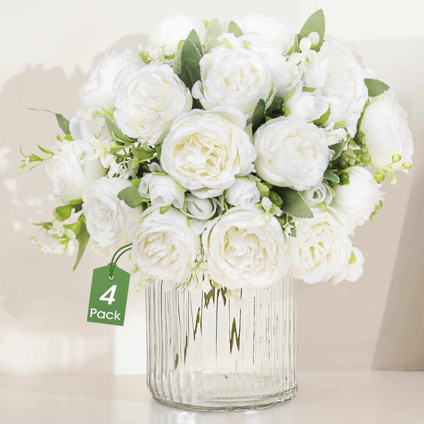 Scidweet 4 Packs Artificial Peonies Silk Flowers, Fake Plants Plastic Peonies Bouquet for Party Table Decor Indoor Outdoor Home Wedding Decoration, White