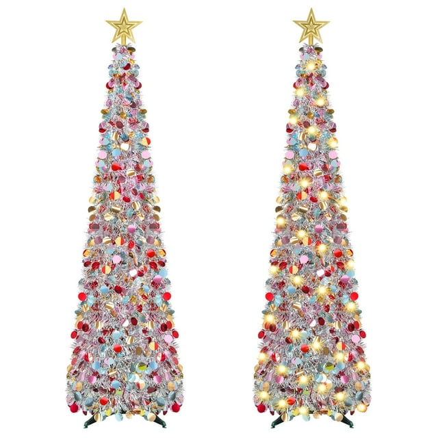 Scidweet 5 Ft Pop up Christmas Tree with Lights & Reflective Sequins, Artificial Collapsible Pencil Tinsel Xmas Tree for Christmas Decoration, Silver