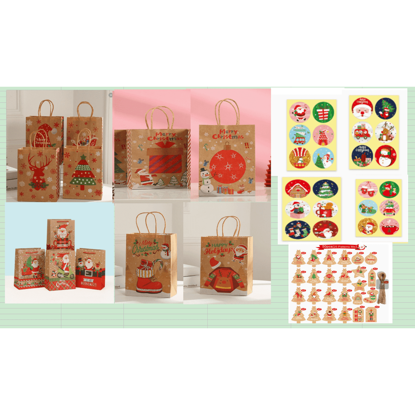 Scidweet 54 Pcs Christmas Gift Bags, Christmas Paper Bags with Handle, Goodie Bags for Holiday Presents Xmas Party Favors