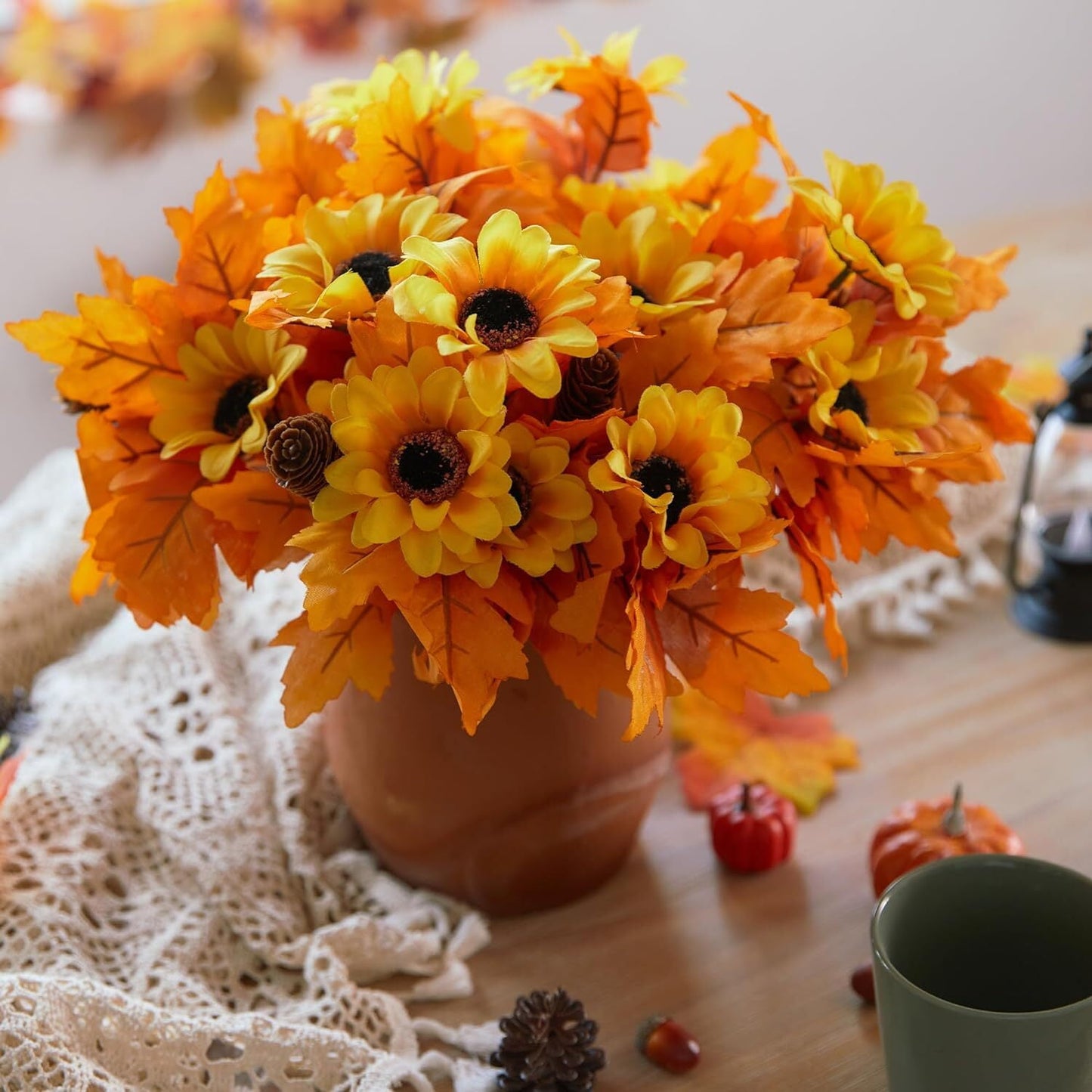 Scidweet 5Pcs Artificial Maple Leaf Pumpkin Branch with Berry and Sun Flowers, Autumn Floral Branch for DIY Arrangment Decor