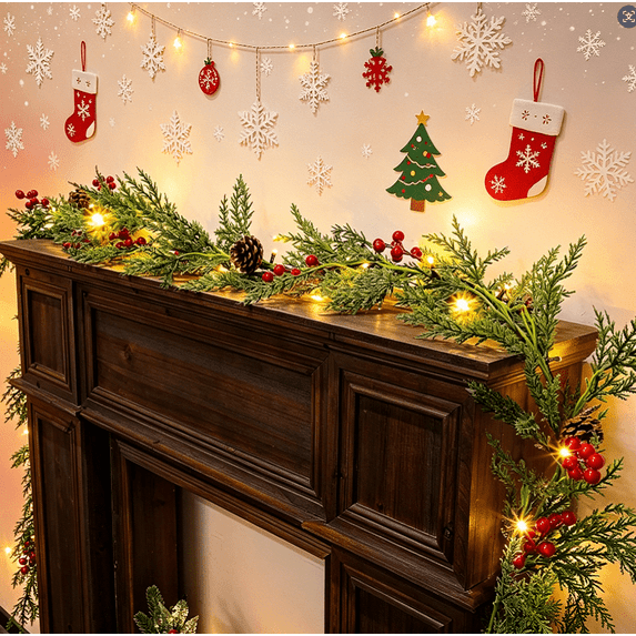 Scidweet 9 FT Christmas Wreath Garland, Pre-Assembled 50 Warm White LED Holiday Garland with Natural Pine Cones & Red Berry Accents for Fireplace, Balcony Railing & Fence Holiday Ornament