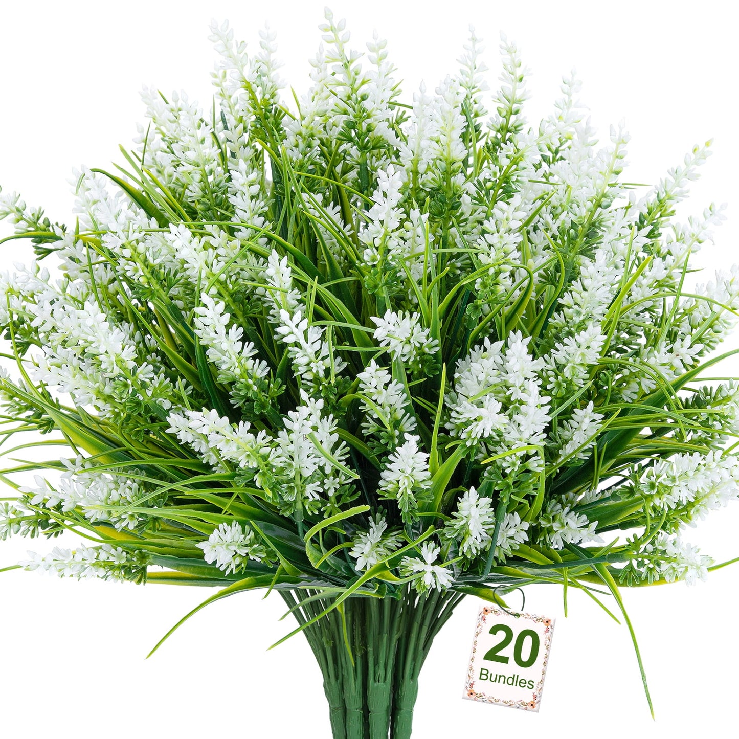 Scidweet 20 Bundles Fake Plants, Lavender Artificial Flowers Faux Plant Outdoors for Home Garden Porch Window Box Decor, White