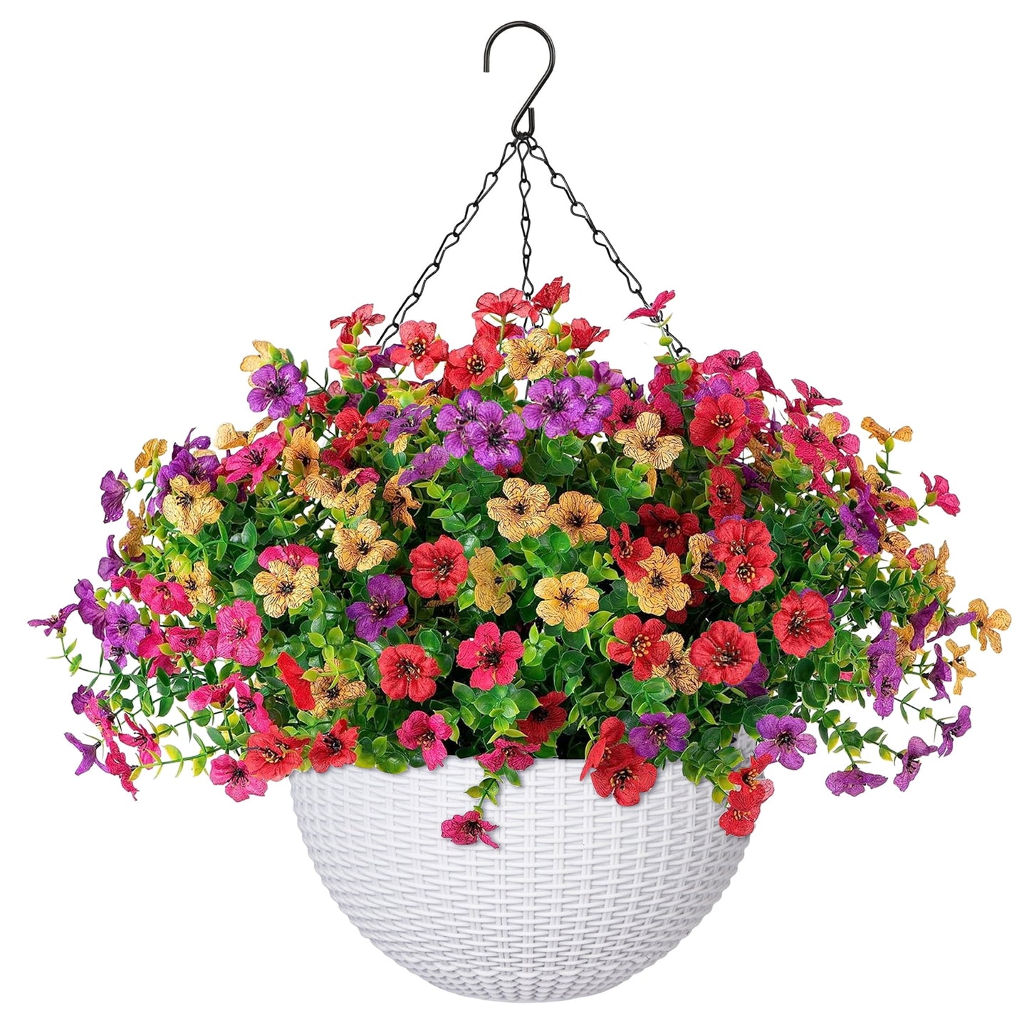 Scidweet Artificial Hanging Flowers, 12 Pcs Fake Flowers Faux Plants with Imitation Woven White Basket for Spring Summer Outside Indoor Home Garden Decoration
