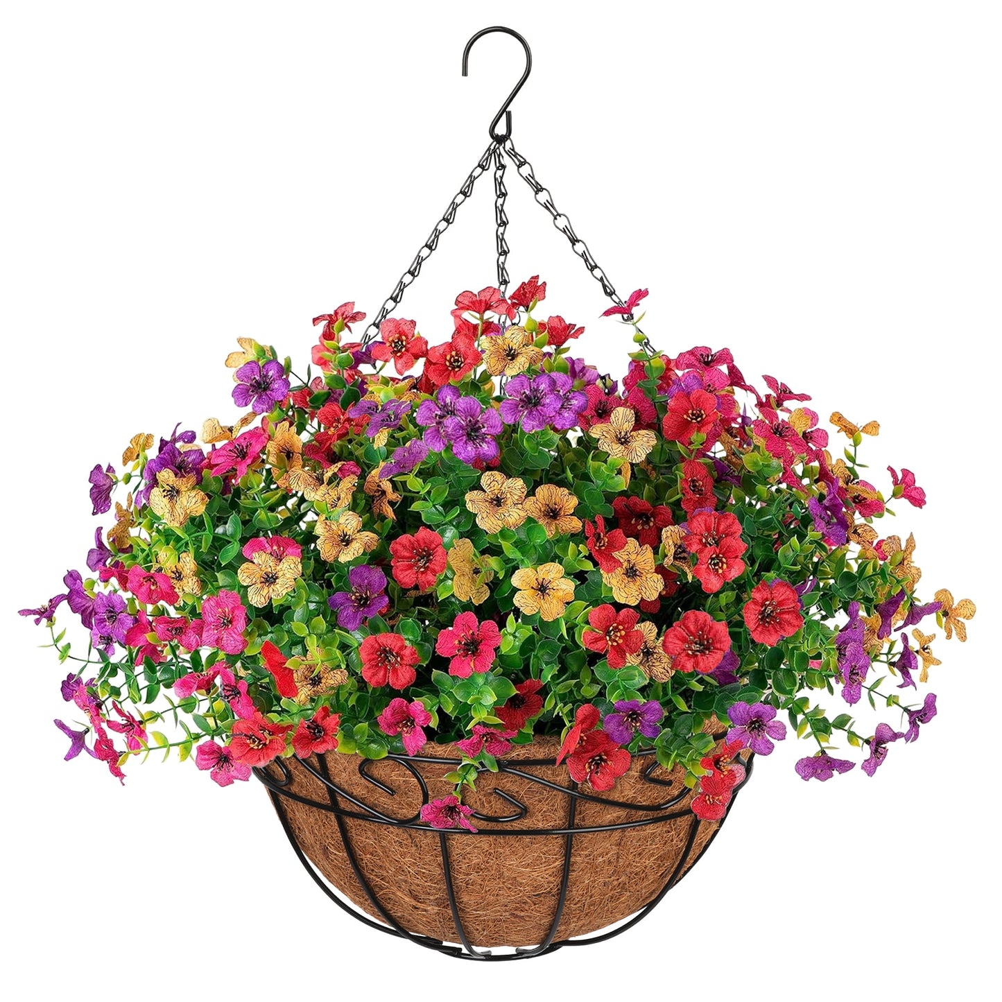 Scidweet Artificial Hanging Flowers, 12 Pcs Fake Flowers Faux Plants with Coconut Lining Basket for Outdoor Indoor Spring Summer Home Garden Decoration